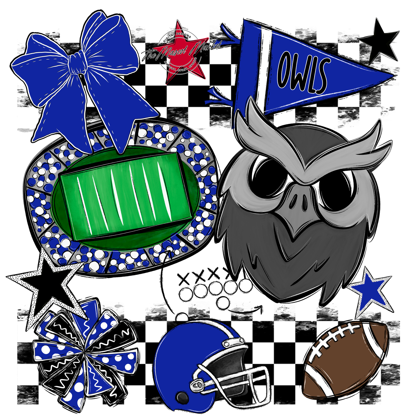 Owls Checkers Mascot Spirit Design-Royal Blue