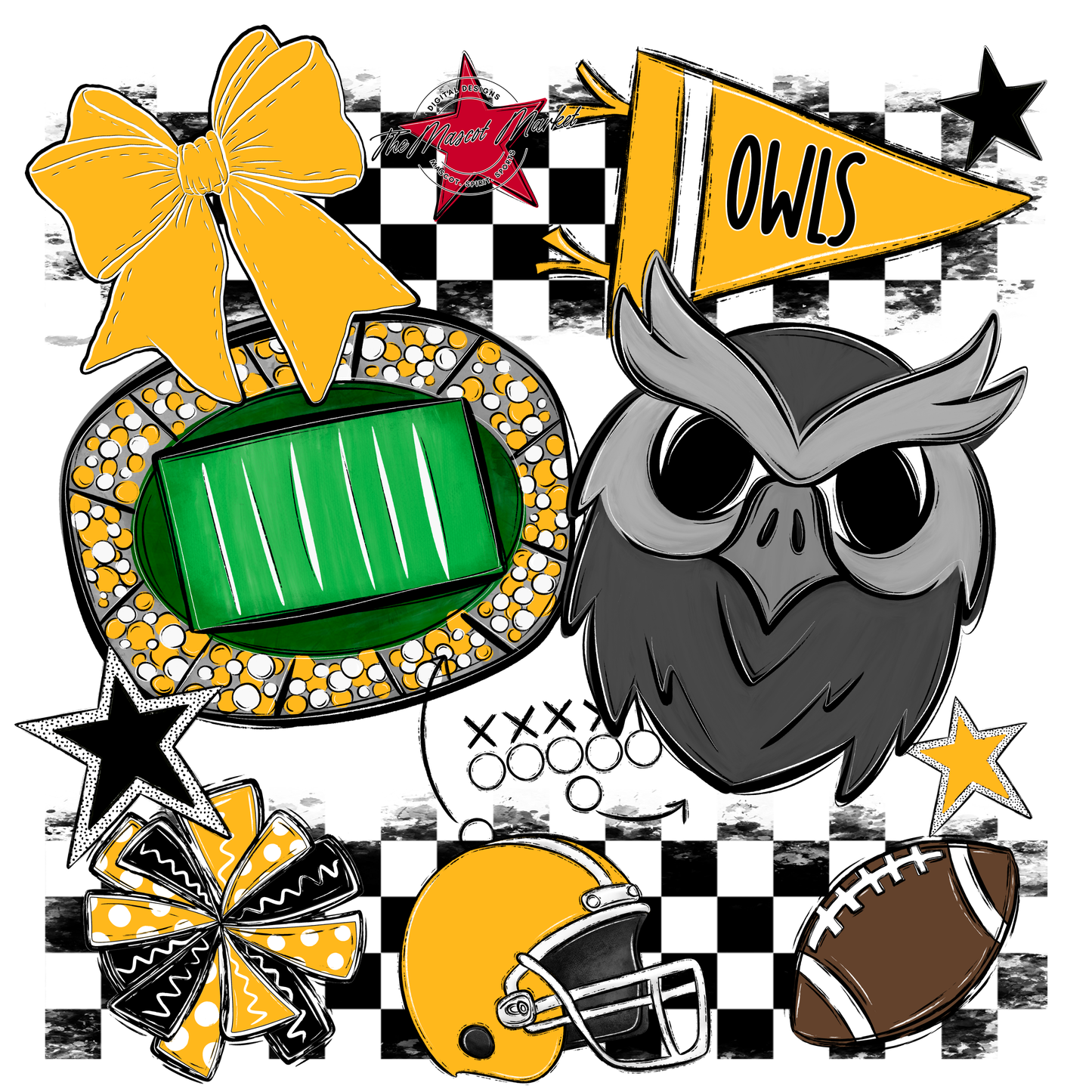 Owls Checkers Mascot Spirit Design-Yellow