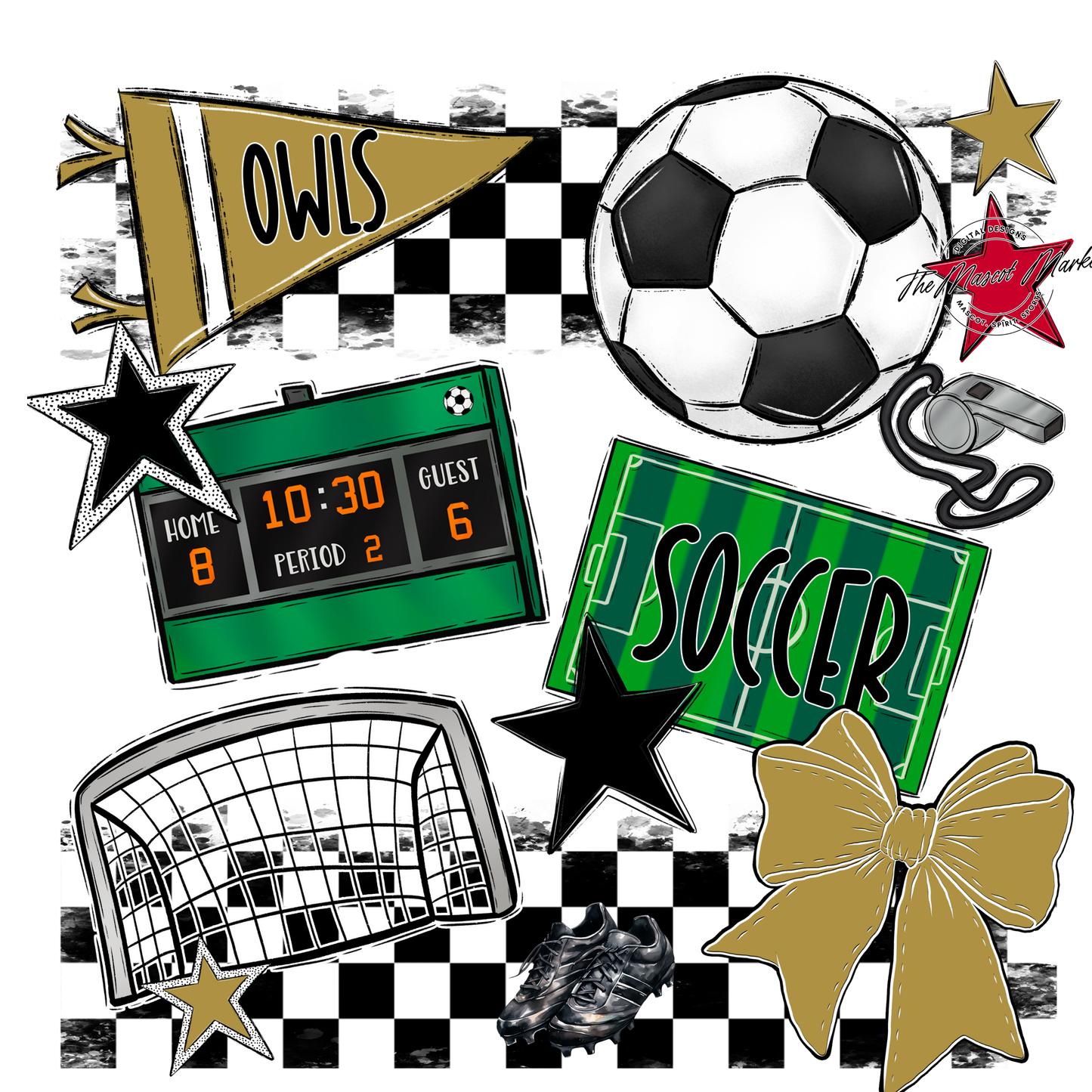Owls Checkers Soccer Spirit Design-Gold