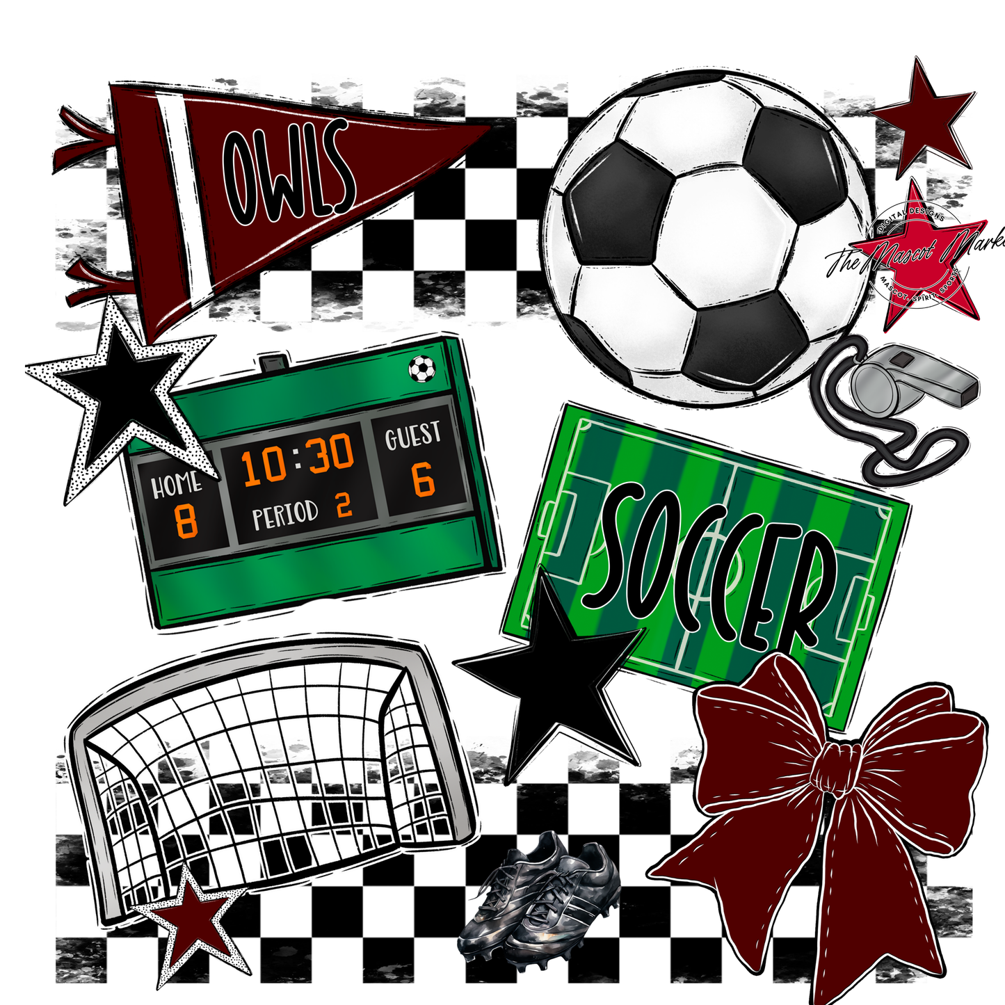 Owls Checkers Soccer Spirit Design-Maroon