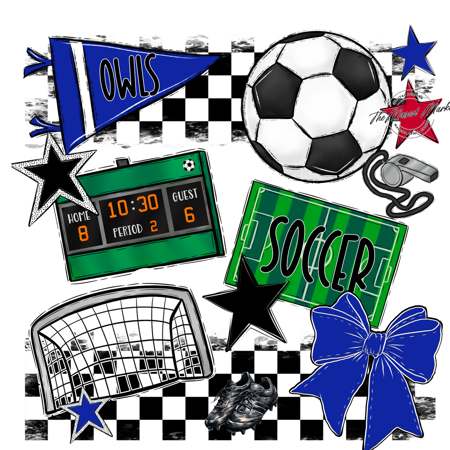 Owls Checkers Soccer Spirit Design-Royal Blue