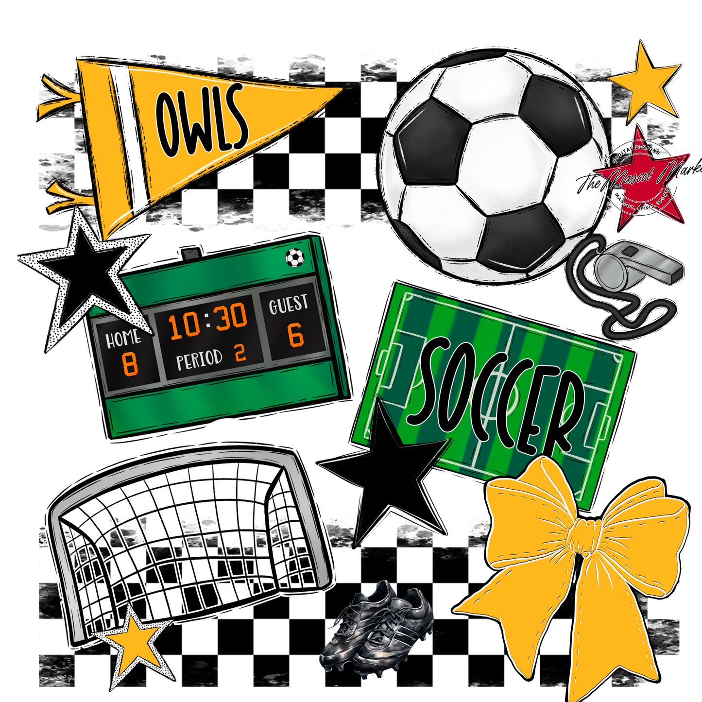 Owls Checkers Soccer Spirit Design-Yellow