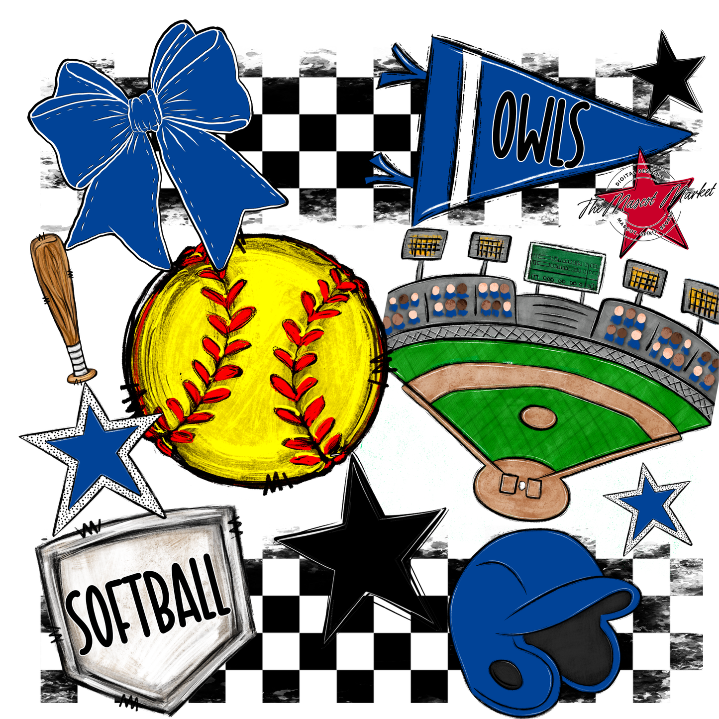 Owls Checkers Softball Spirit Design-Off Blue