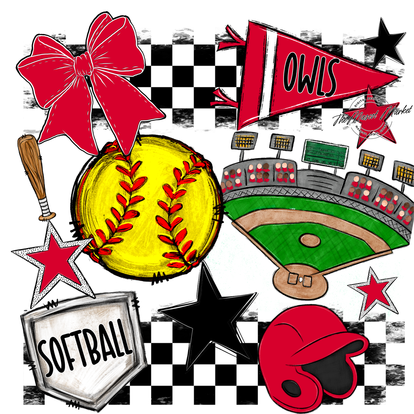 Owls Checkers Softball Spirit Design-Red