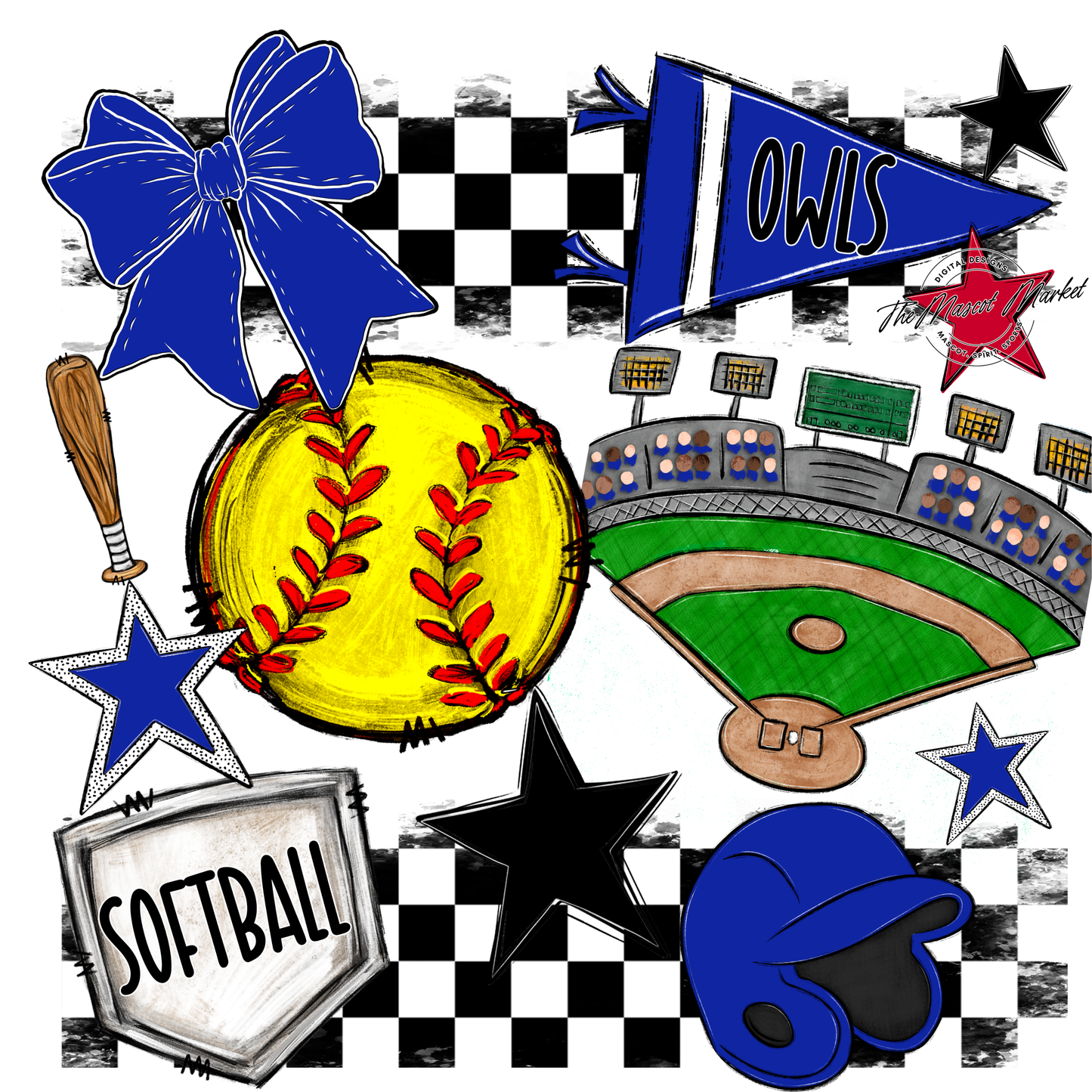 Owls Checkers Softball Spirit Design-Royal Blue