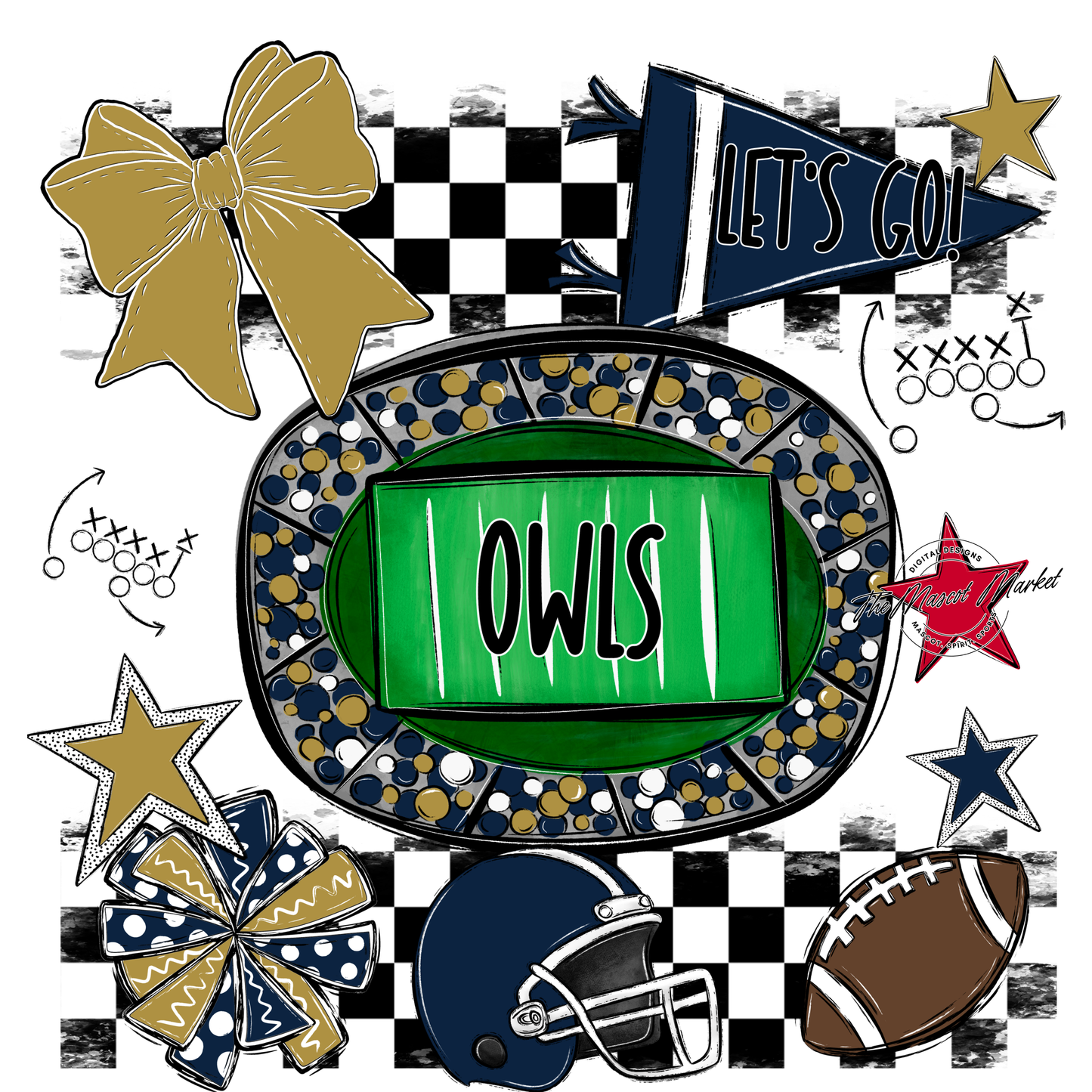 Owls Checkers Spirit Design-Navy-Gold