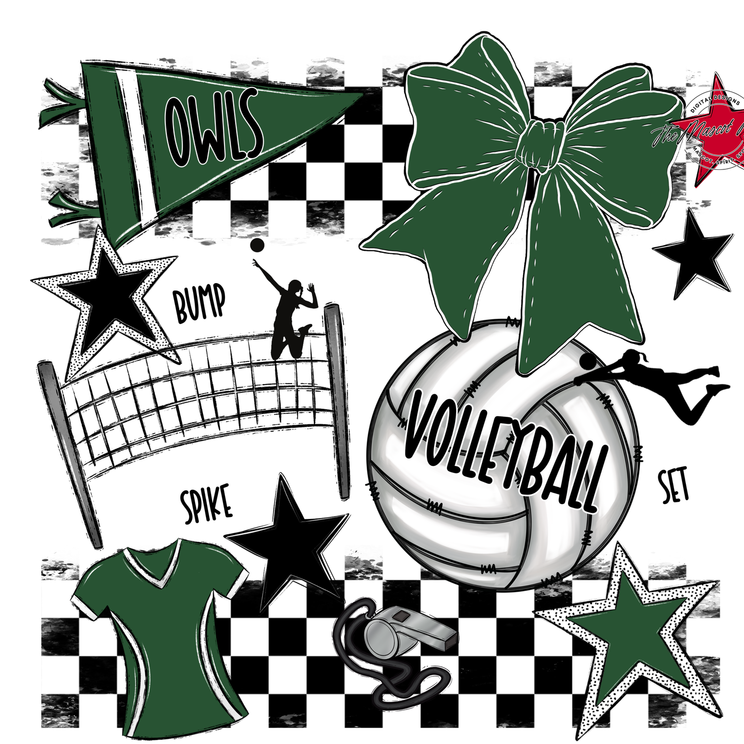 Owls Checkers Volleyball Spirit Design-Green