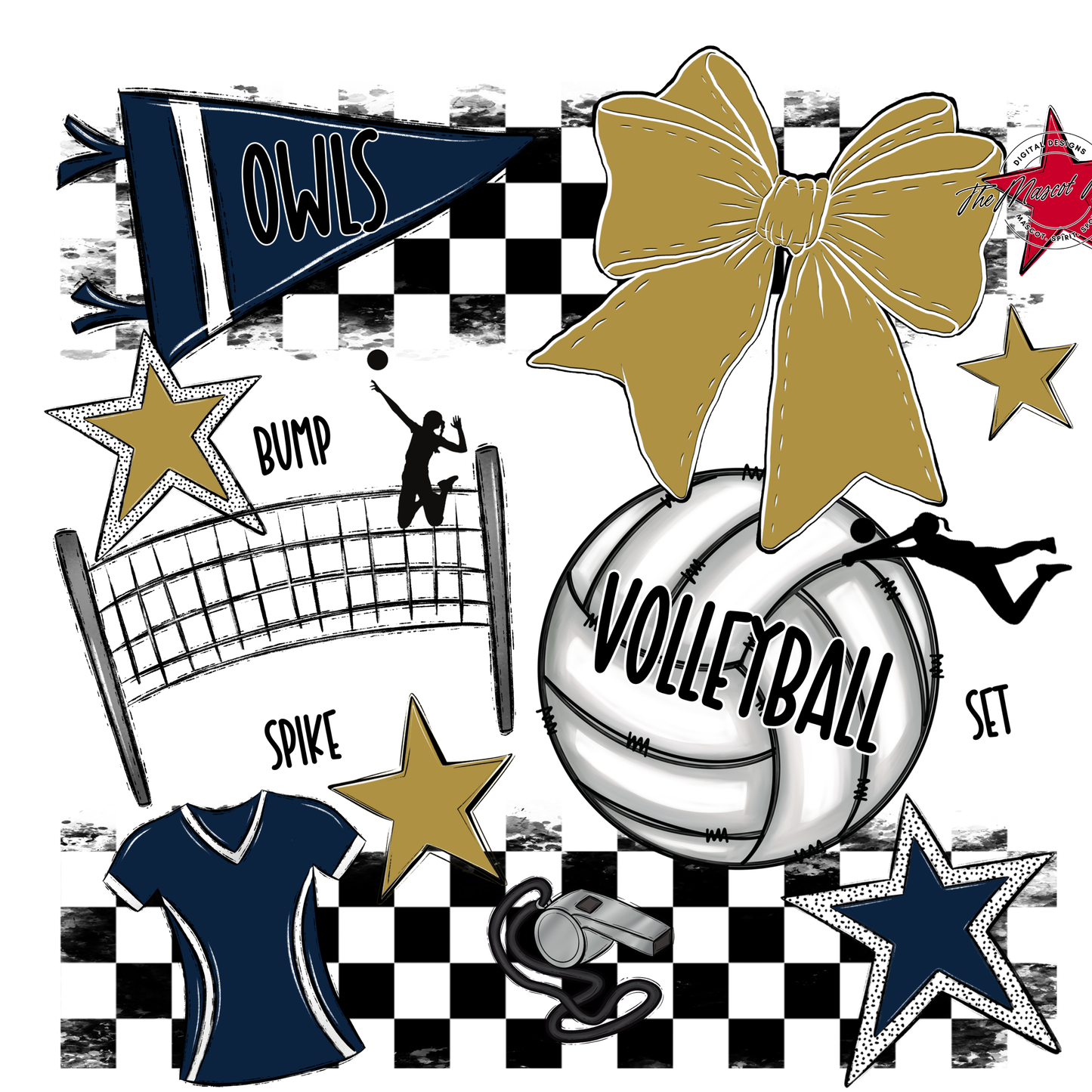 Owls Checkers Volleyball Spirit Design-Navy-Gold