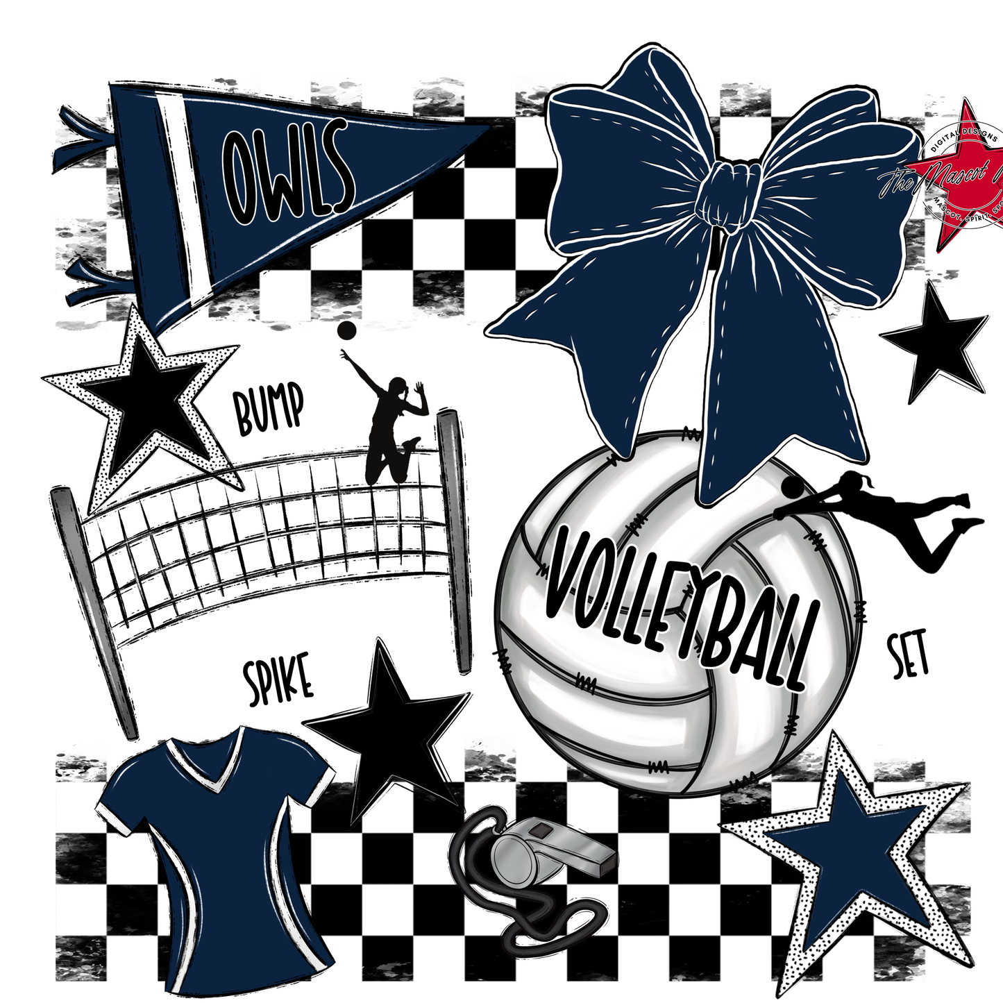 Owls Checkers Volleyball Spirit Design-Navy