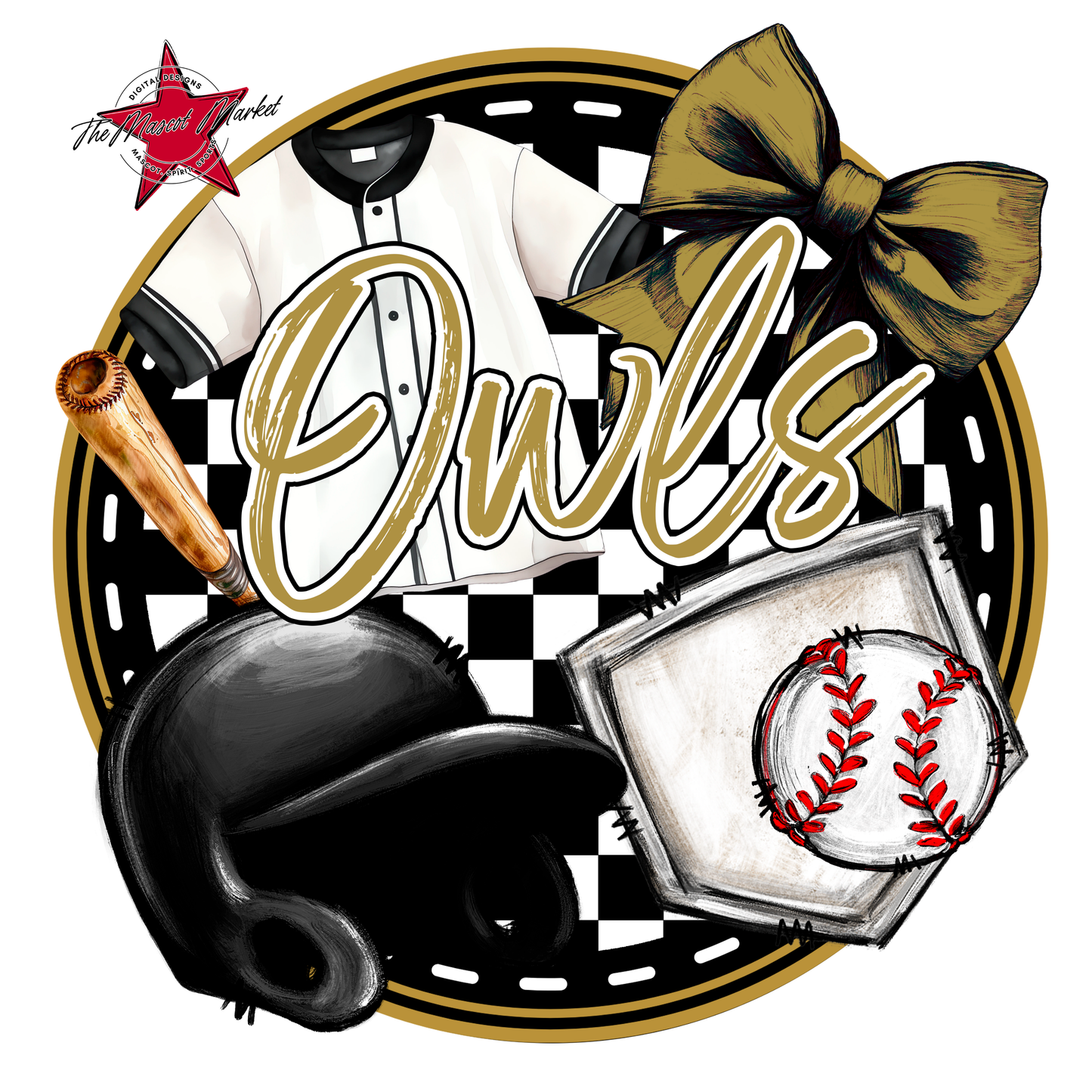 Owls Circle Baseball Design-Gold