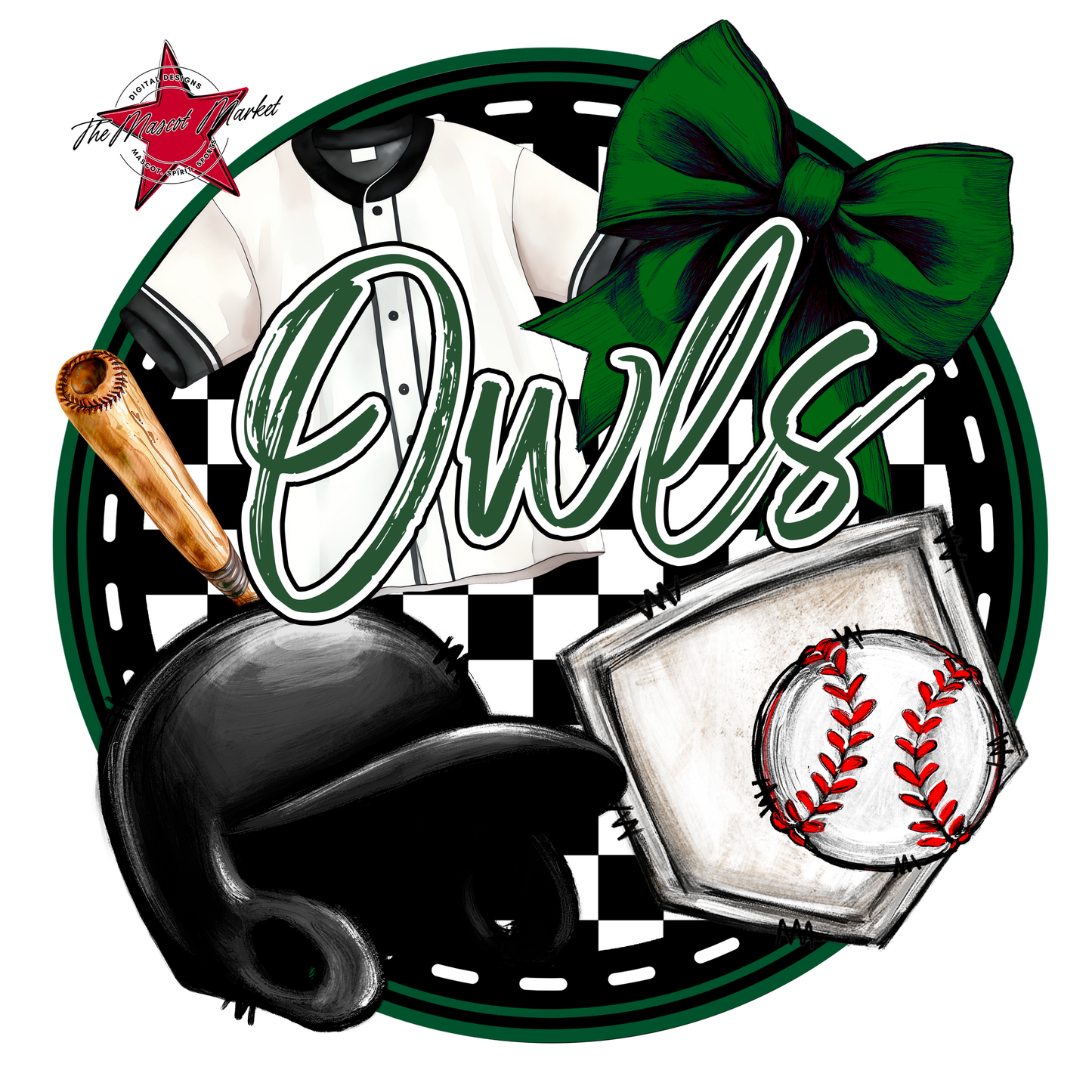 Owls Circle Baseball Design-Green