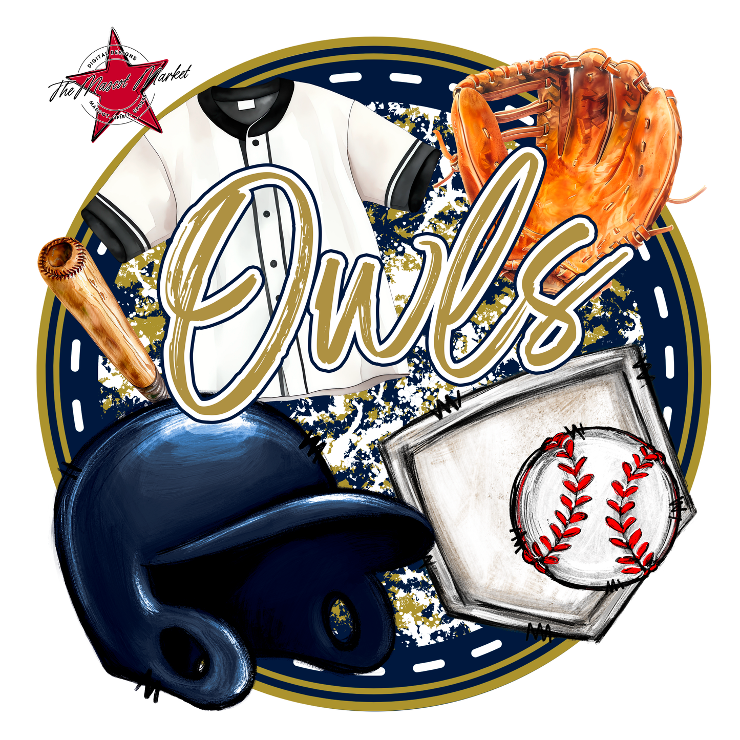 Owls Circle Baseball Design-Navy-Gold