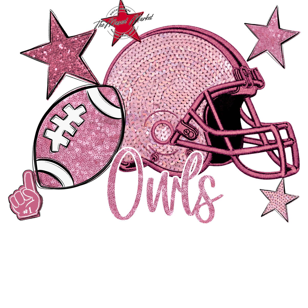 Owls Football Embroidered Sequins Design-Pink Out