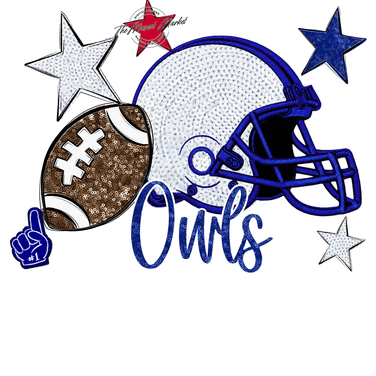 Owls Football Embroidered Sequins Design-Blue