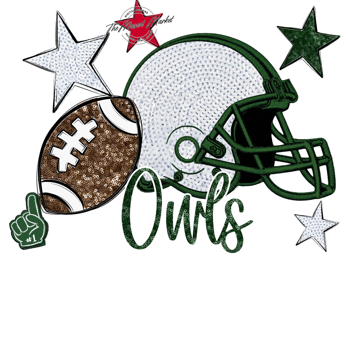 Owls Football Embroidered Sequins Design-Green