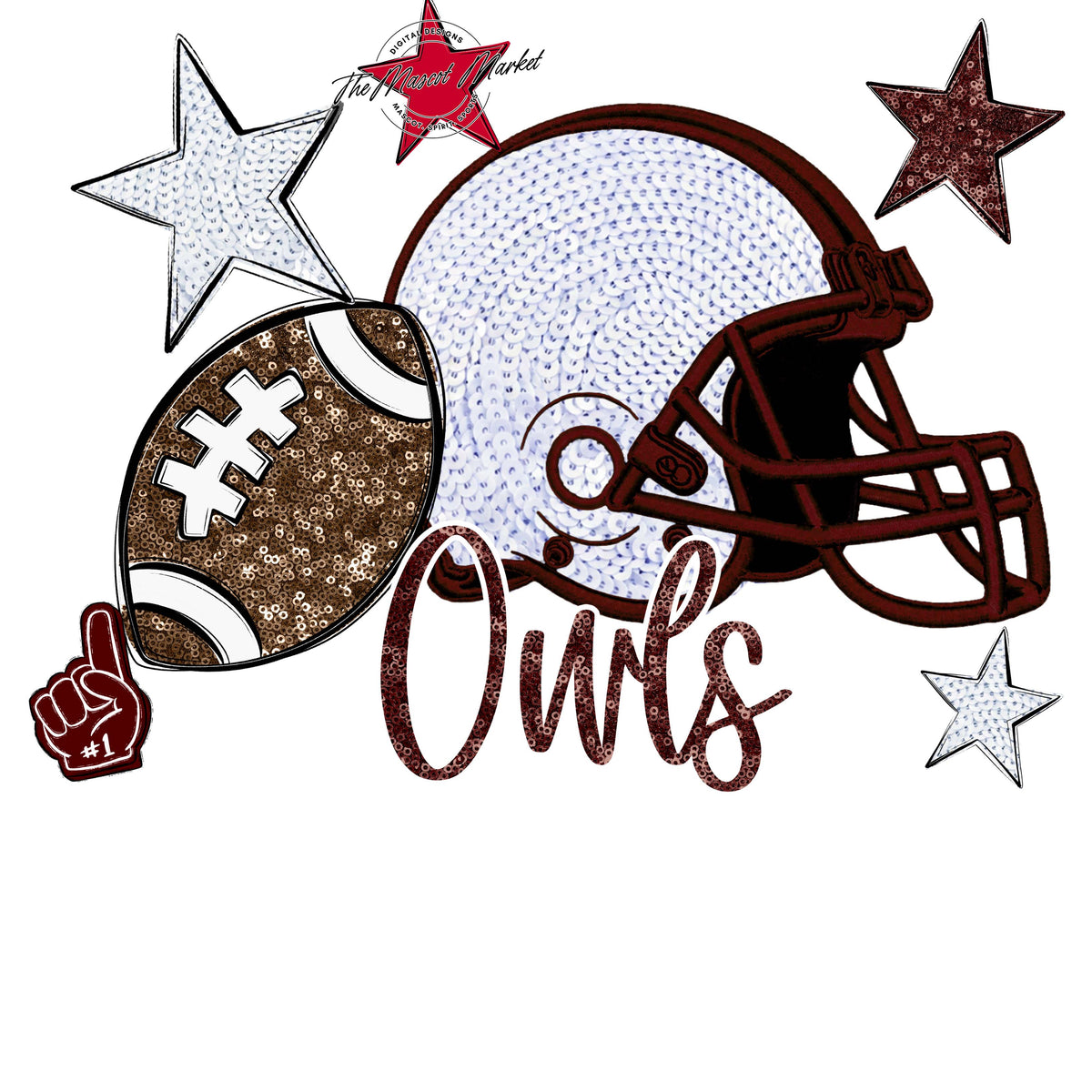 Owls Football Embroidered Sequins Design-Maroon