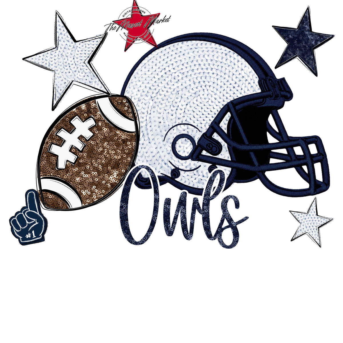 Owls Football Embroidered Sequins Design-Navy
