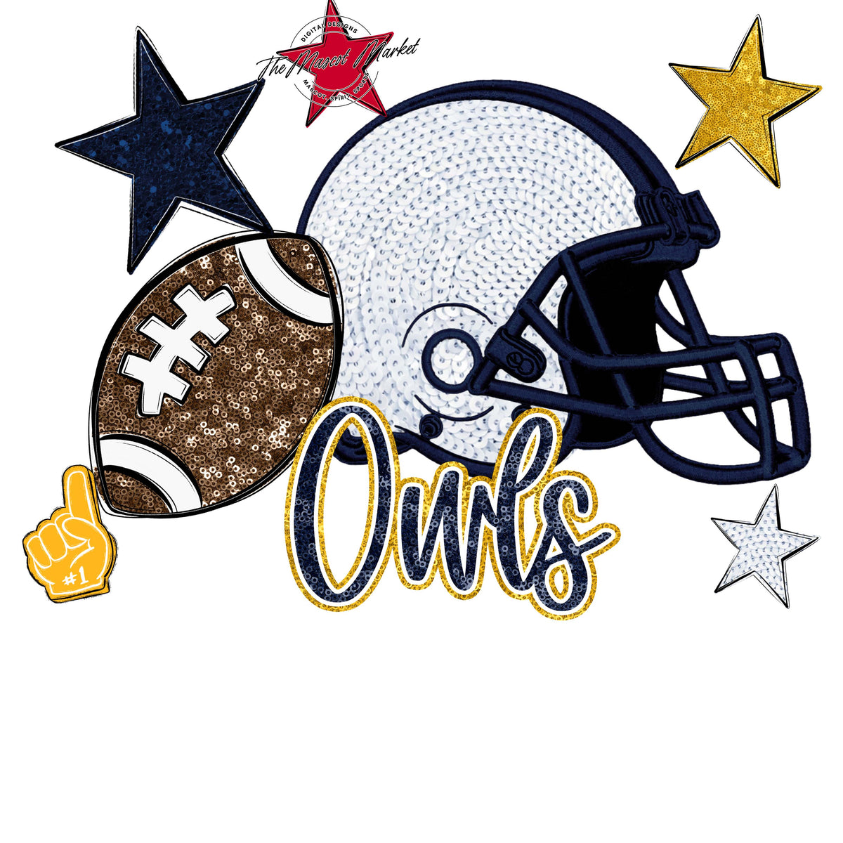 Owls Football Embroidered Sequins Design-Navy & Yellow