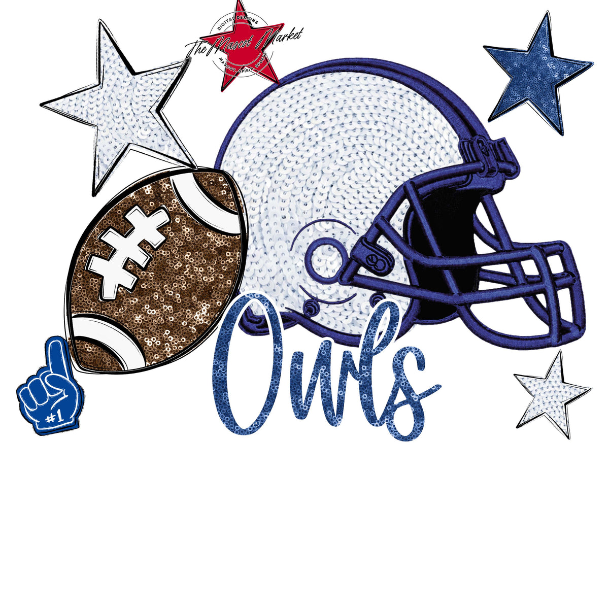 Owls Football Embroidered Sequins Design-Off Blue