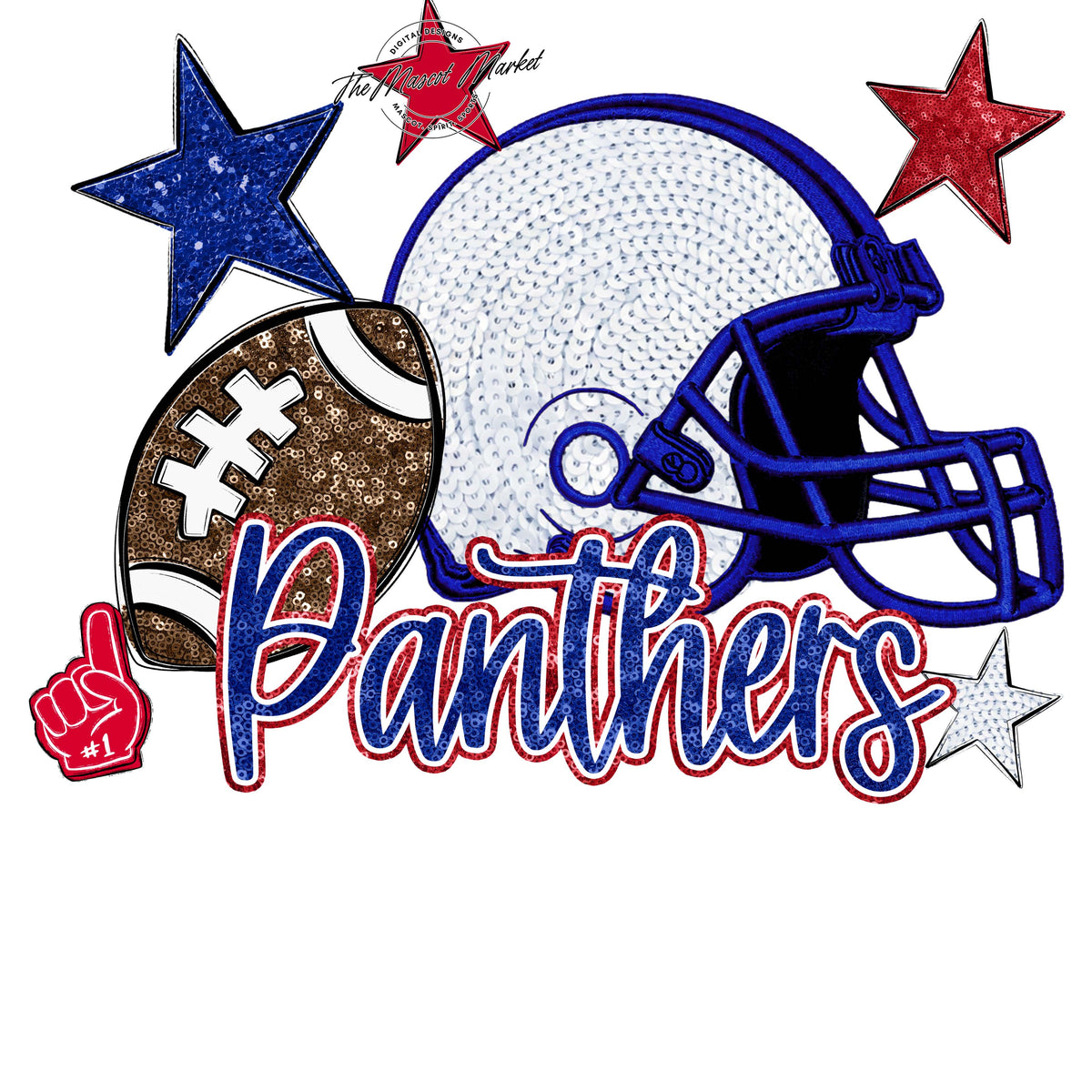 Panthers Football Embroidered Sequins Design-Blue & Red