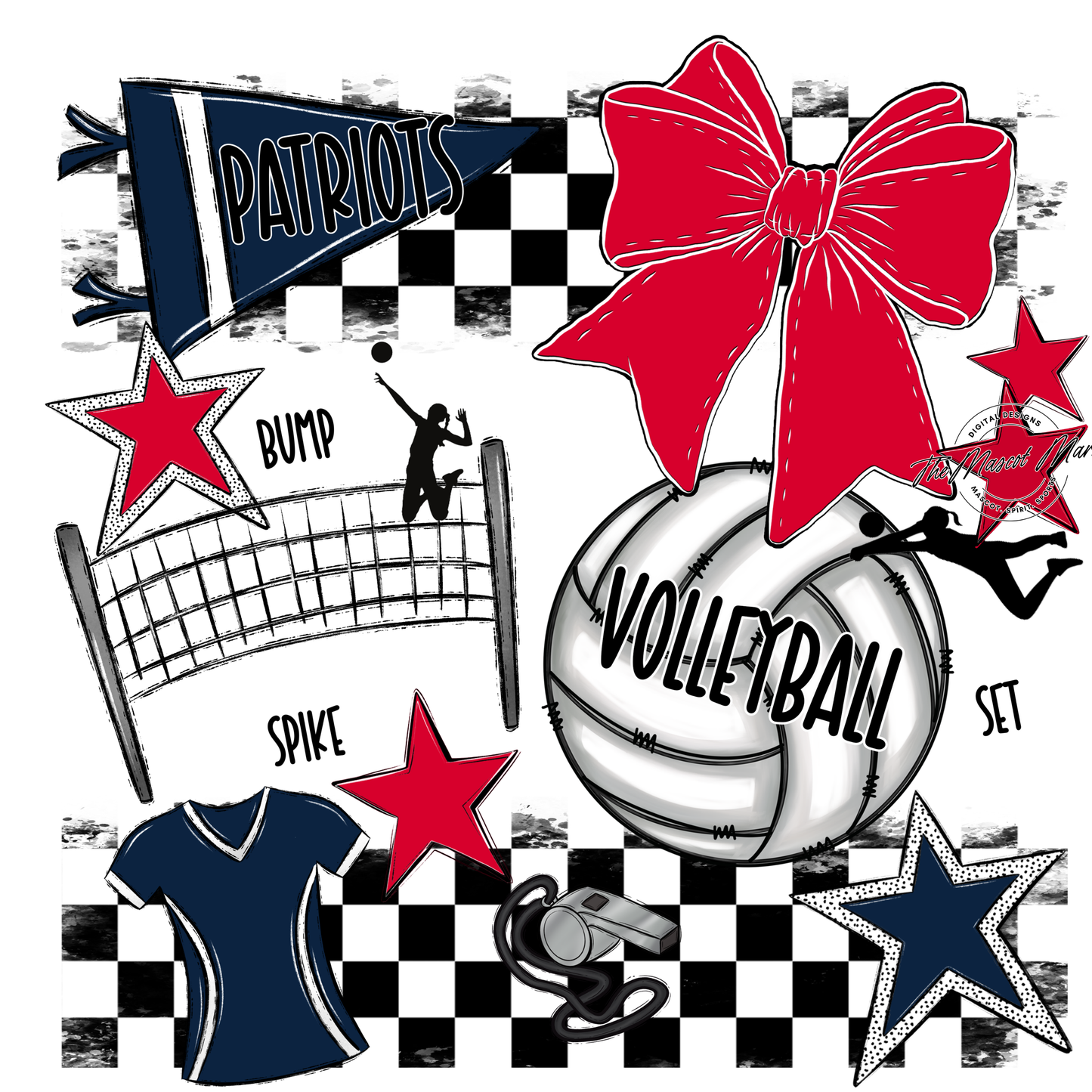Patriots Checkers Volleyball Spirit Design-Navy-Red