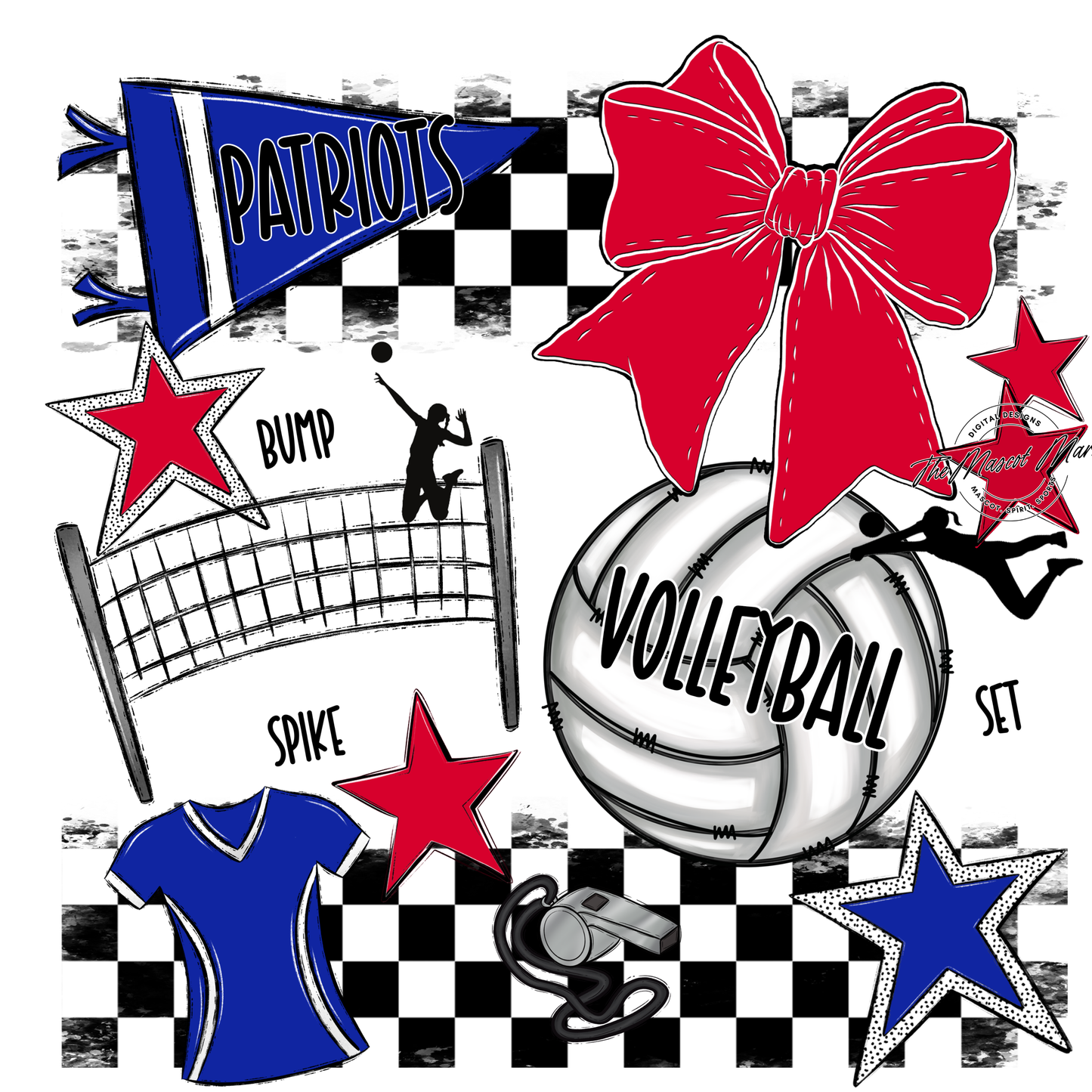 Patriots Checkers Volleyball Spirit Design-Royal Blue-Red