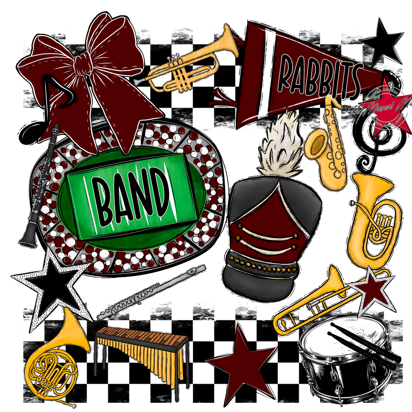 Rabbits Checkers Band Spirit Design-Maroon