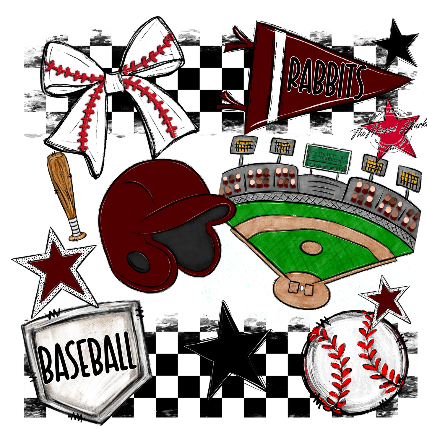 Rabbits Checkers Baseball Spirit Design-Maroon