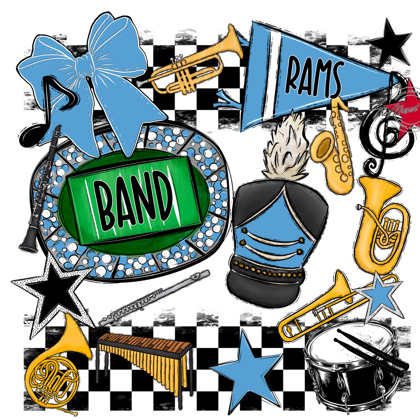 Rams Checkers Band Spirit Design-Carolina Blue