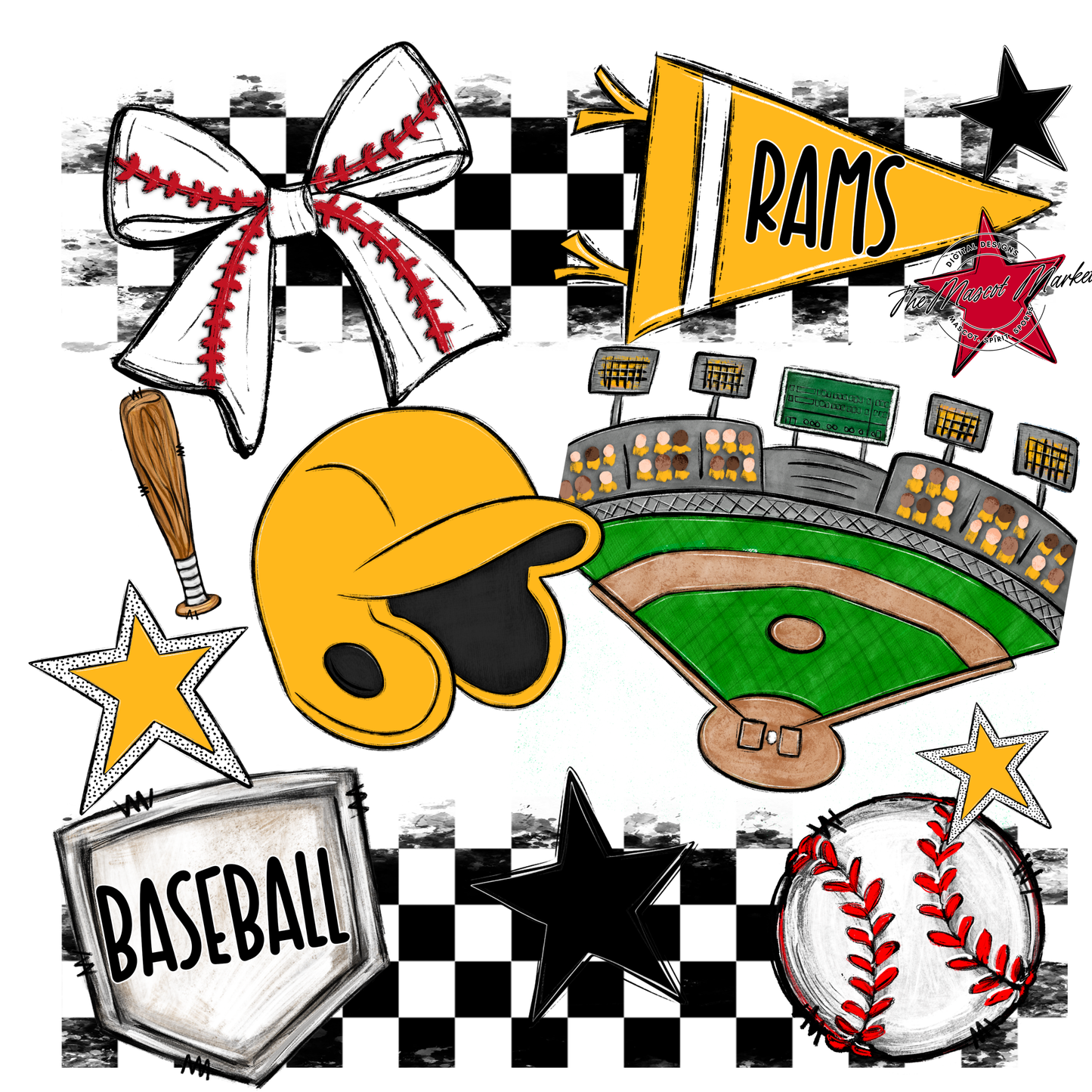 Rams Checkers Baseball Spirit Design-Yellow