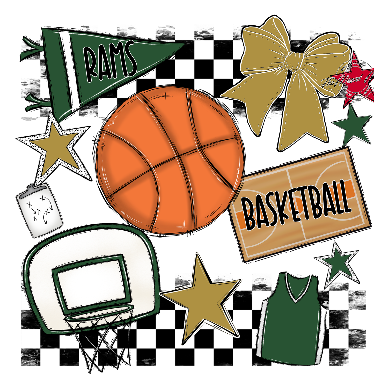 Rams Checkers Basketball Spirit Design-Green-Gold