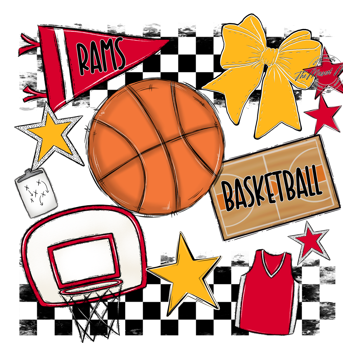Rams Checkers Basketball Spirit Design-Red-Yellow
