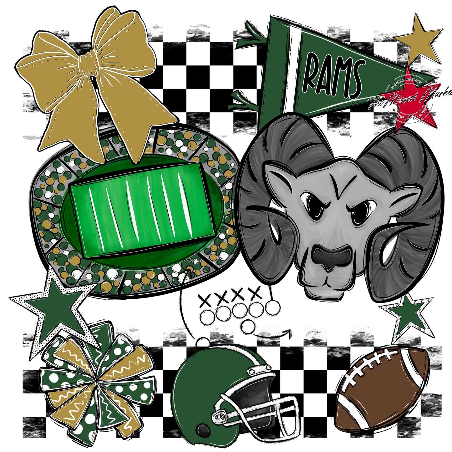 Rams Checkers Mascot Spirit Design-Green-Gold