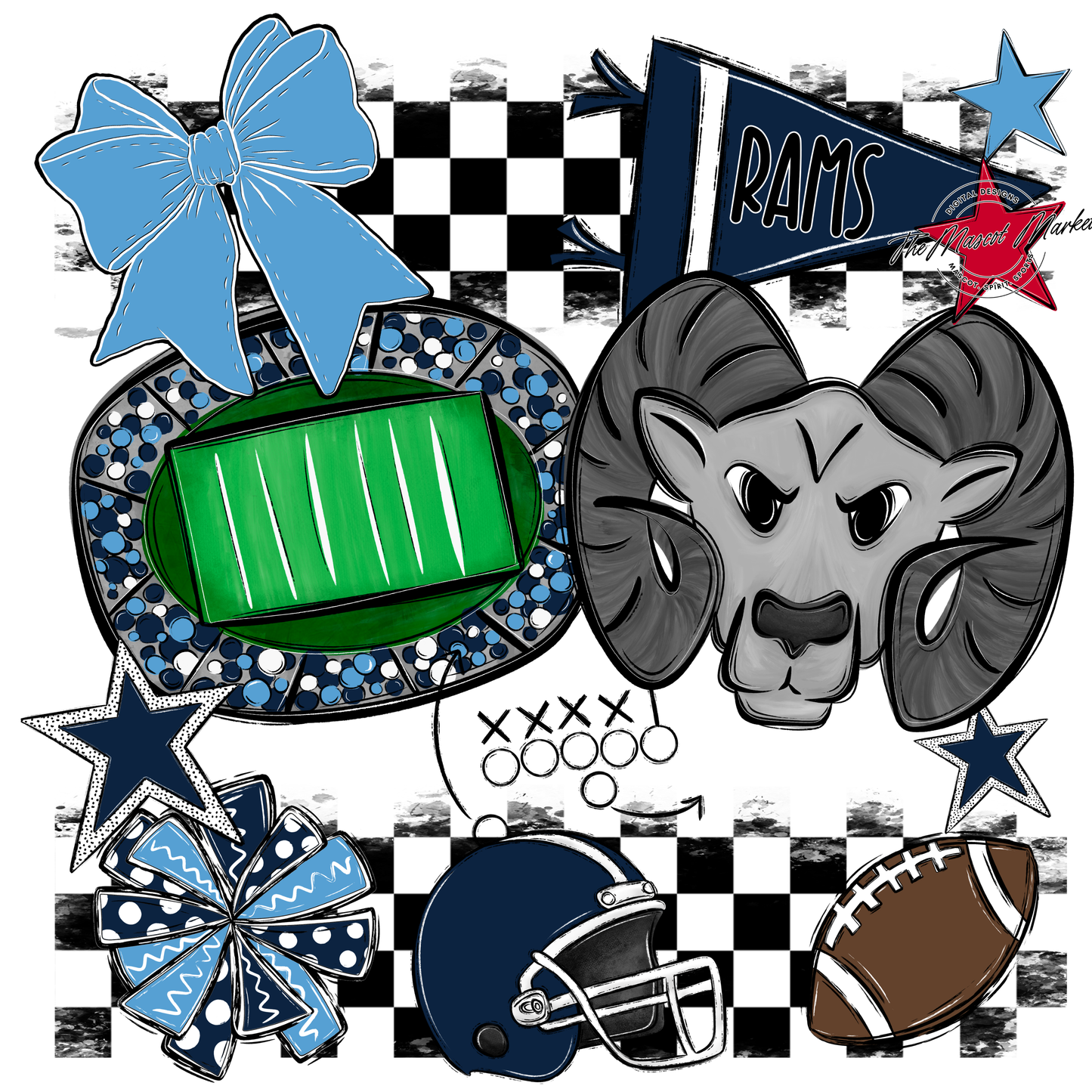 Rams Checkers Mascot Spirit Design-Navy-Carolina Blue