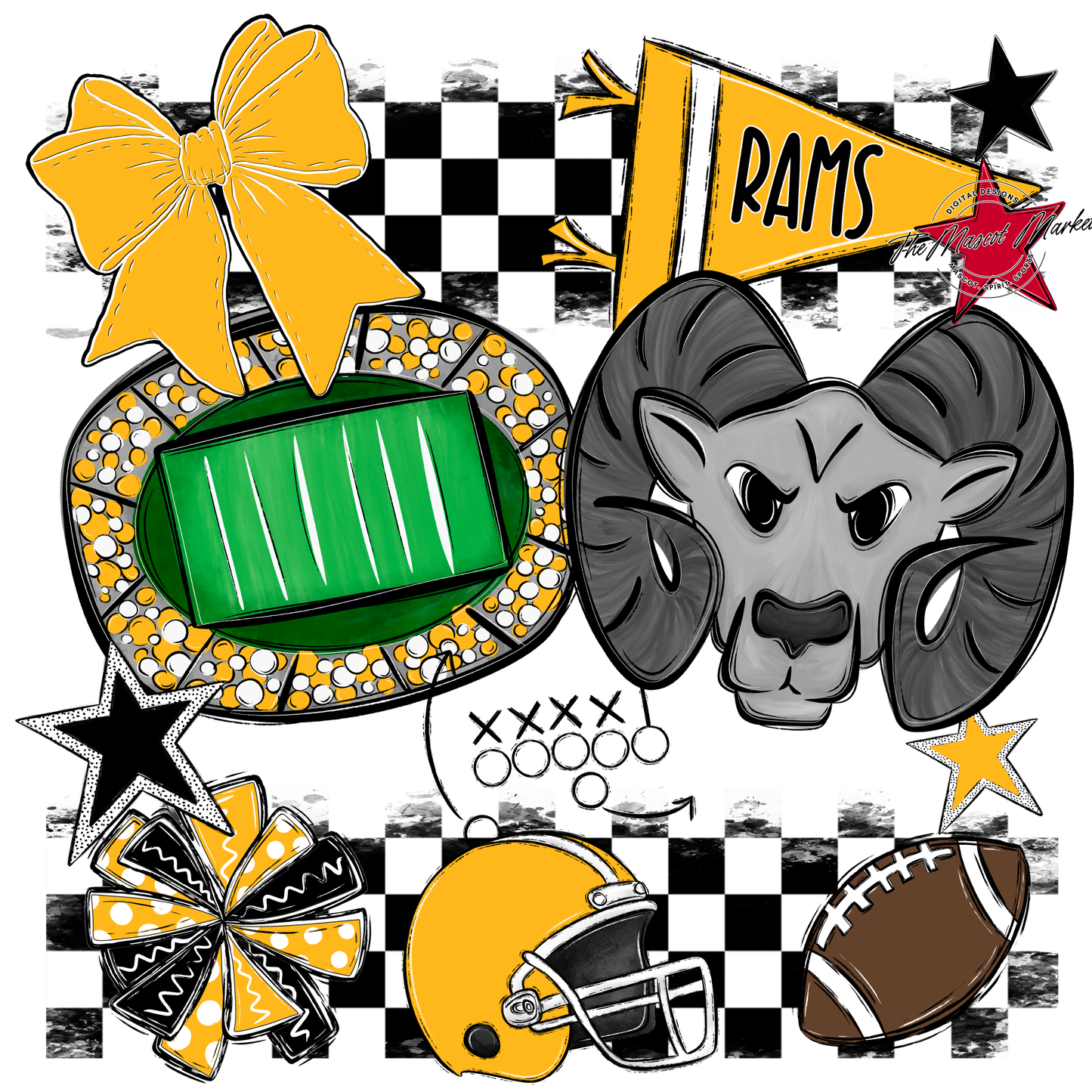 Rams Checkers Mascot Spirit Design-Yellow