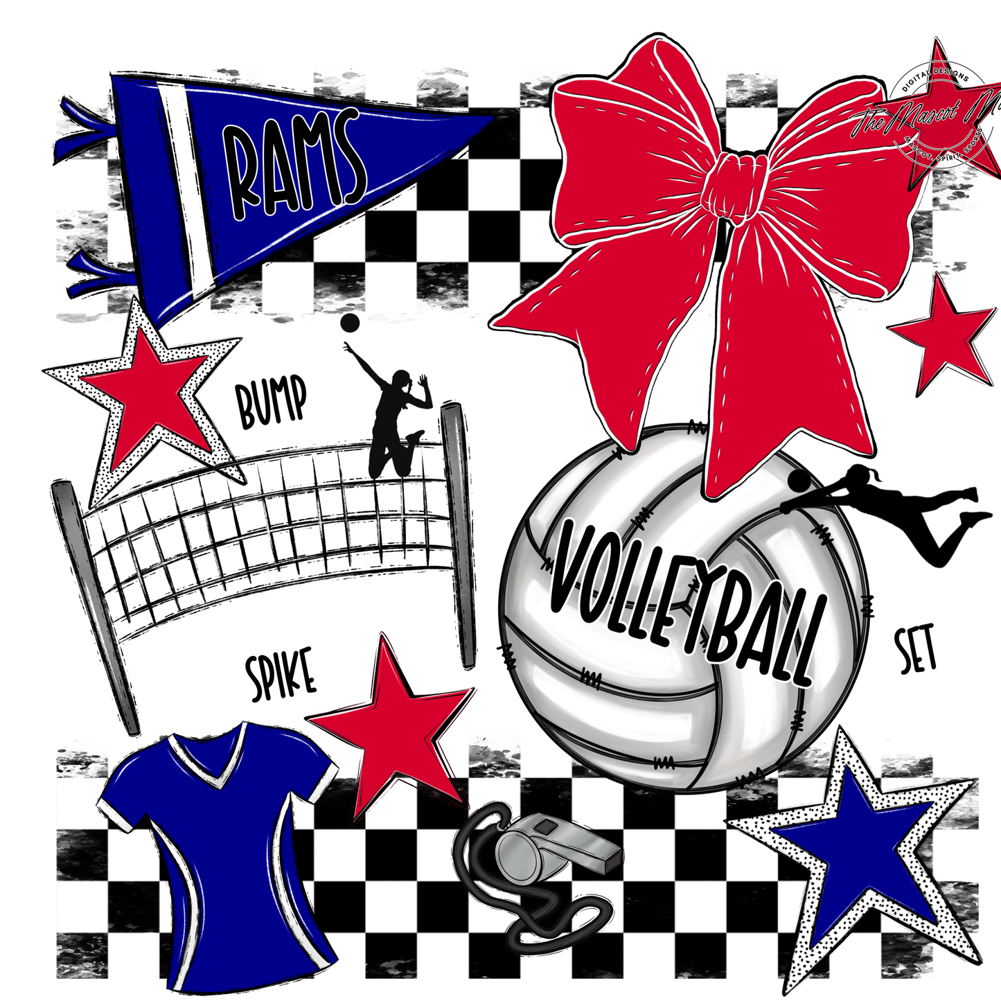 Rams Checkers Volleyball Spirit Design-Blue-Red