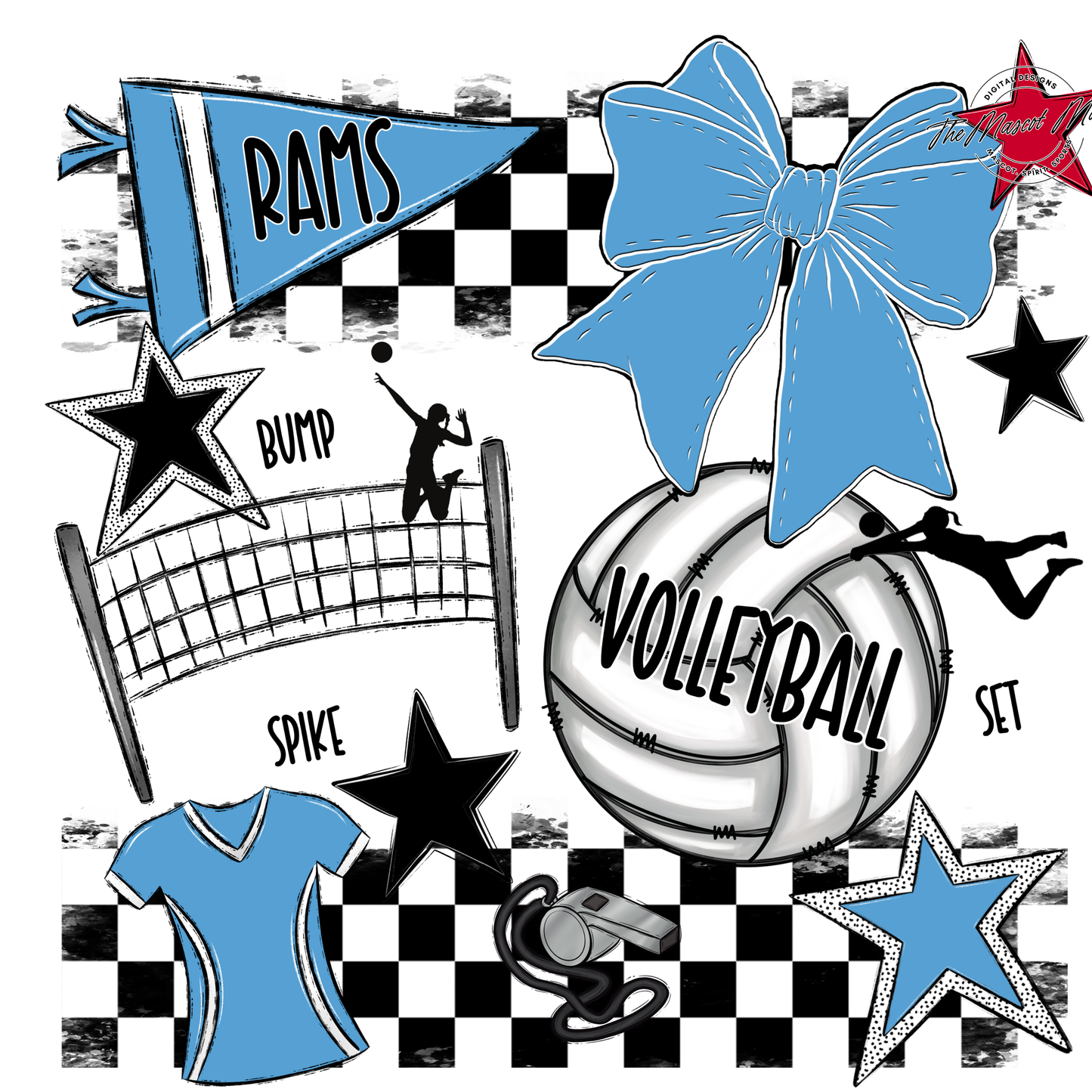 Rams Checkers Volleyball Spirit Design-Carolina Blue