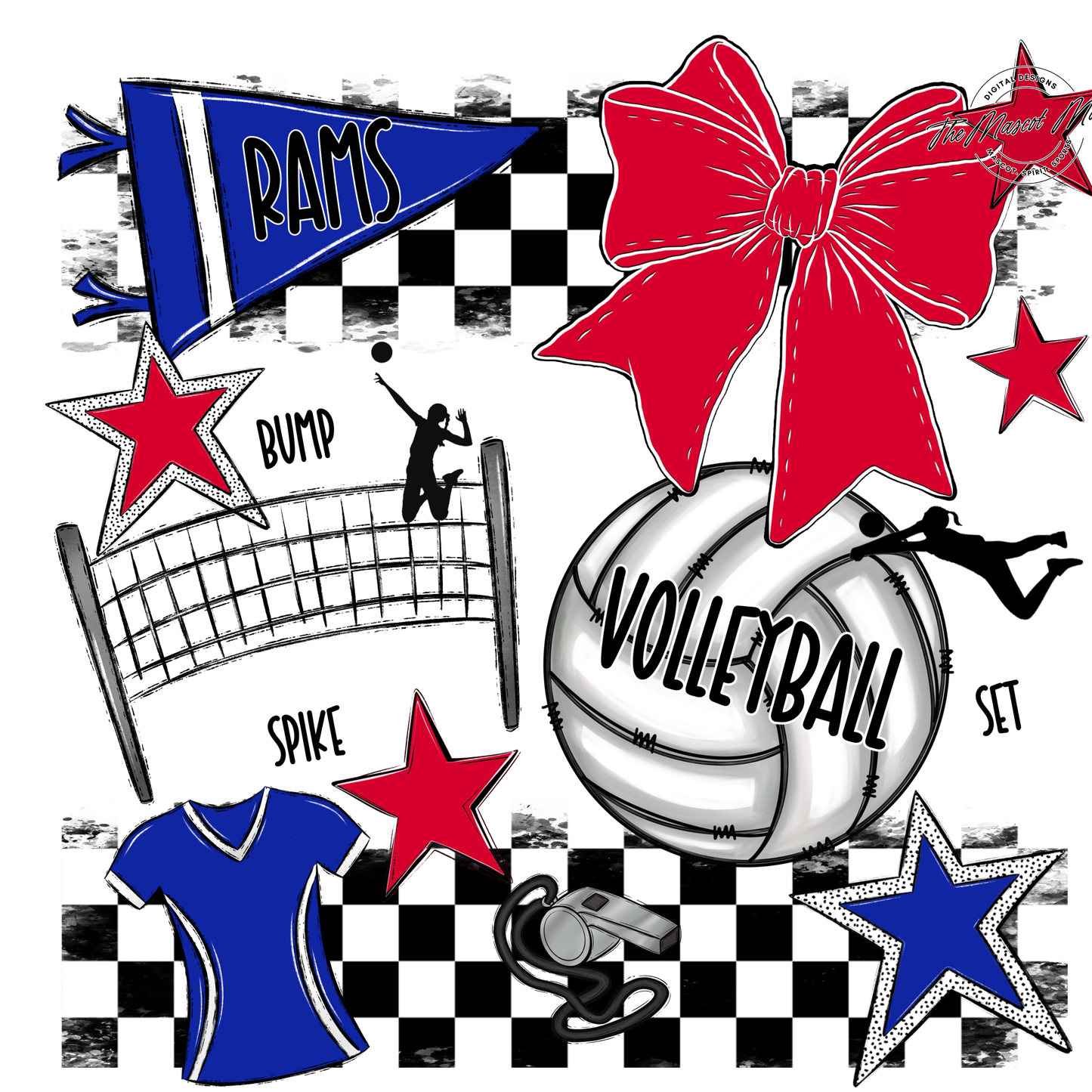 Rams Checkers Volleyball Spirit Design-Royal Blue-Red