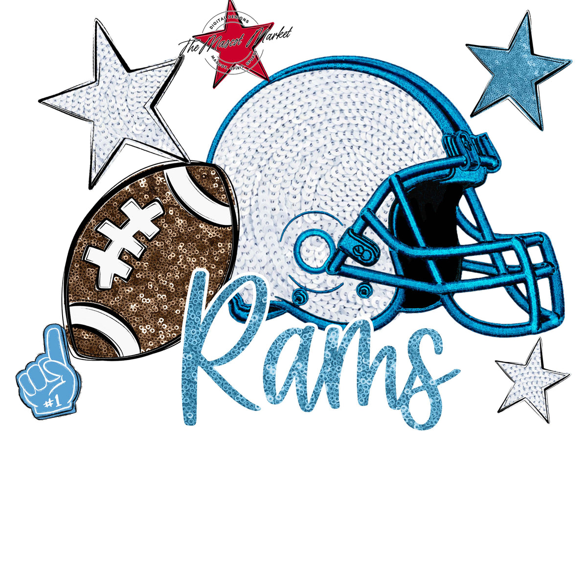Rams Football Embroidered Sequins Design-Carolina Blue