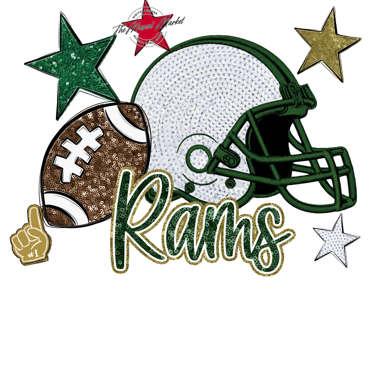 Rams Football Embroidered Sequins Design-Green & Gold