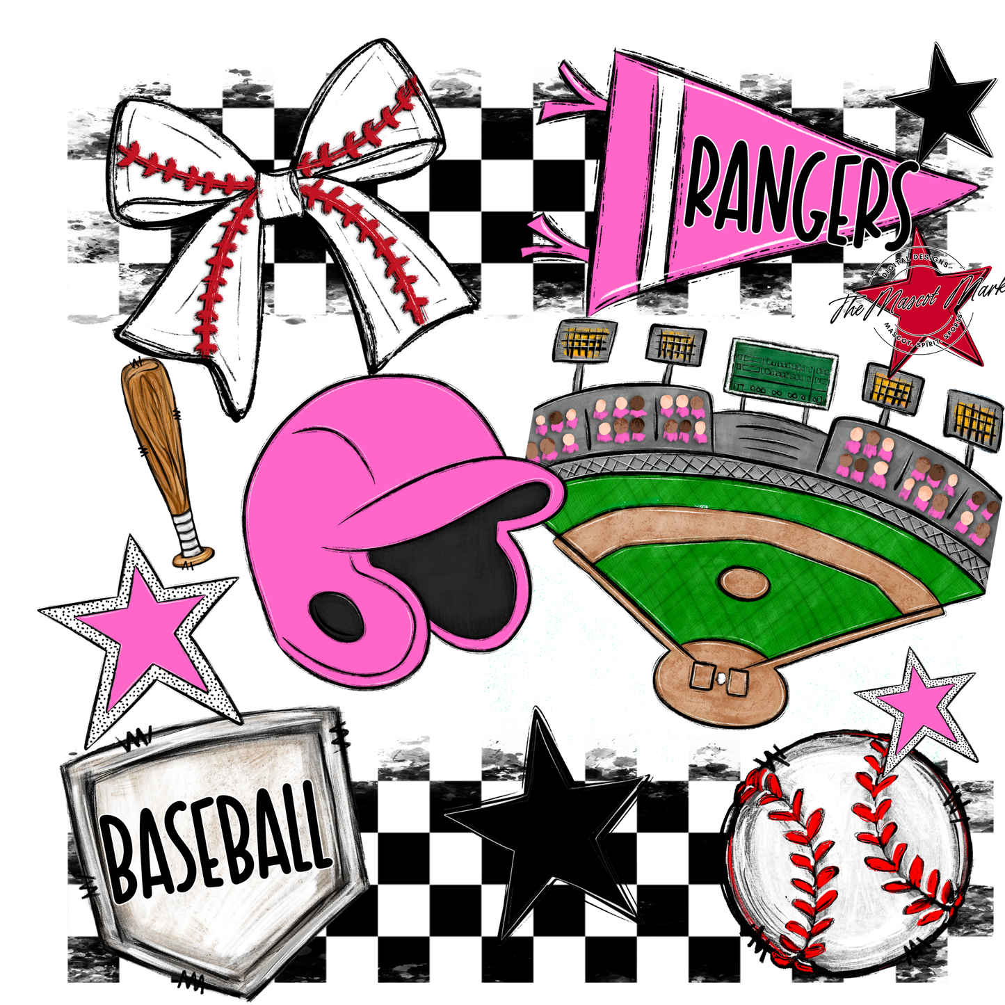 Rangers Checkers Baseball Spirit Design-Baby Pink