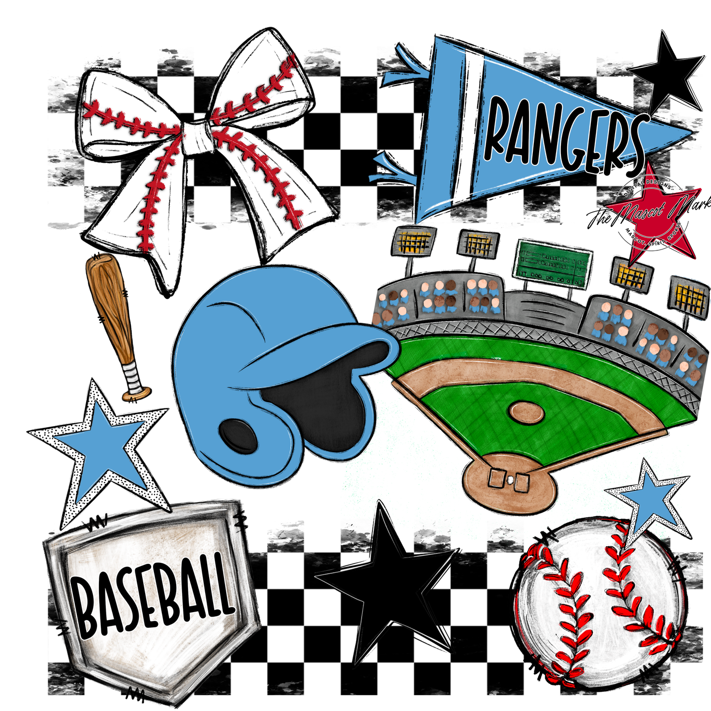 Rangers Checkers Baseball Spirit Design-Carolina Blue