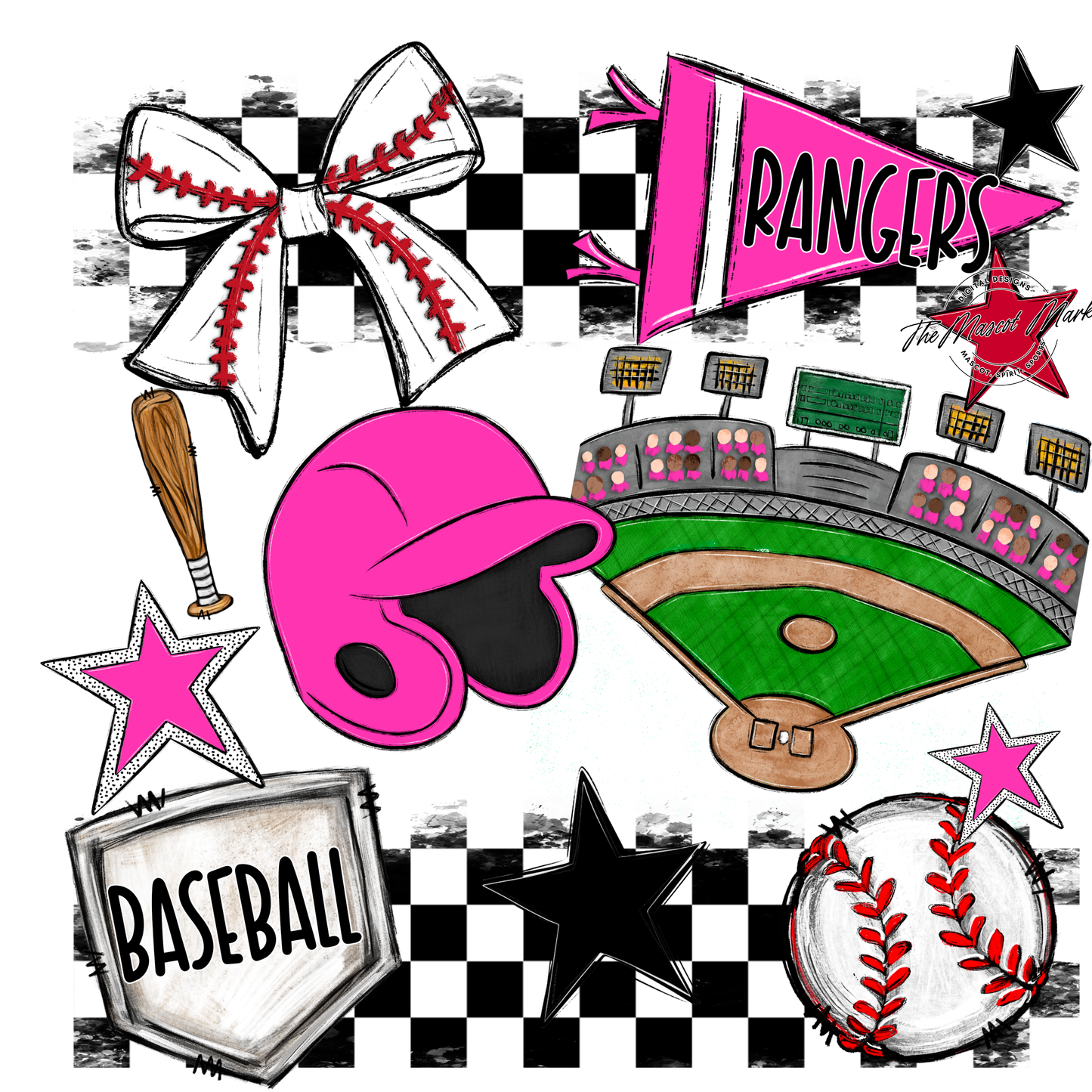 Rangers Checkers Baseball Spirit Design-Pink