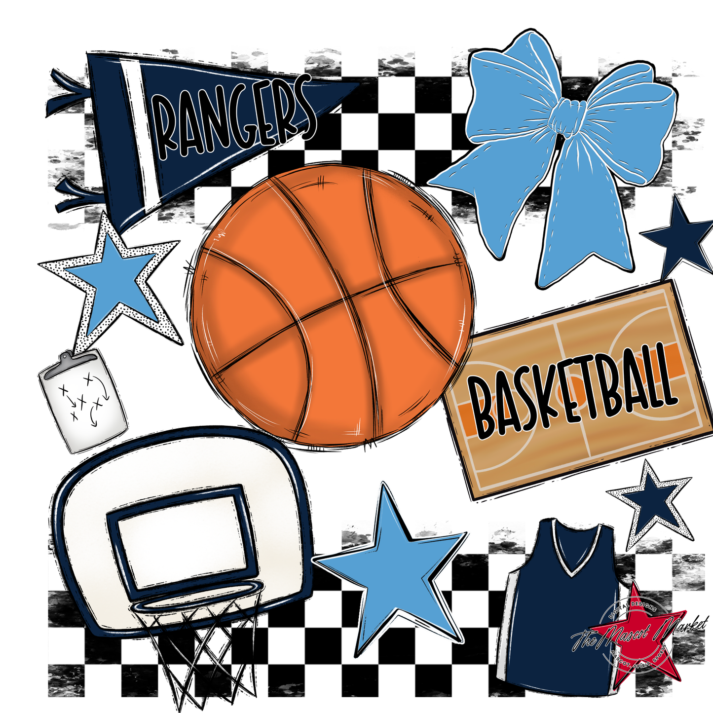 Rangers Checkers Basketball Spirit Design-Navy-Carolina Blue
