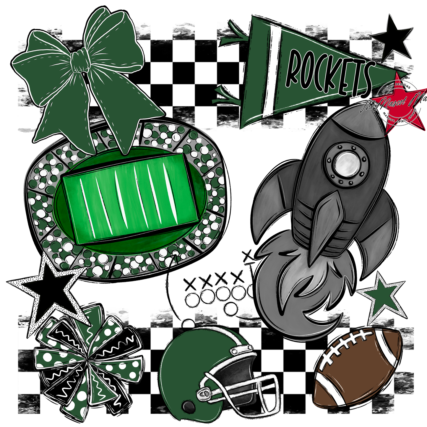 Rockets Checkers Mascot Spirit Design-Green