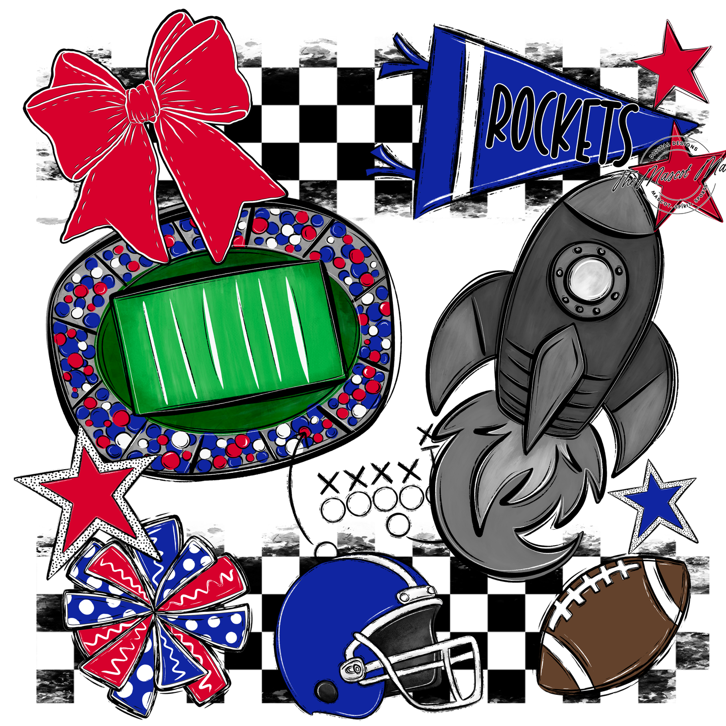 Rockets Checkers Mascot Spirit Design-Royal Blue-Red