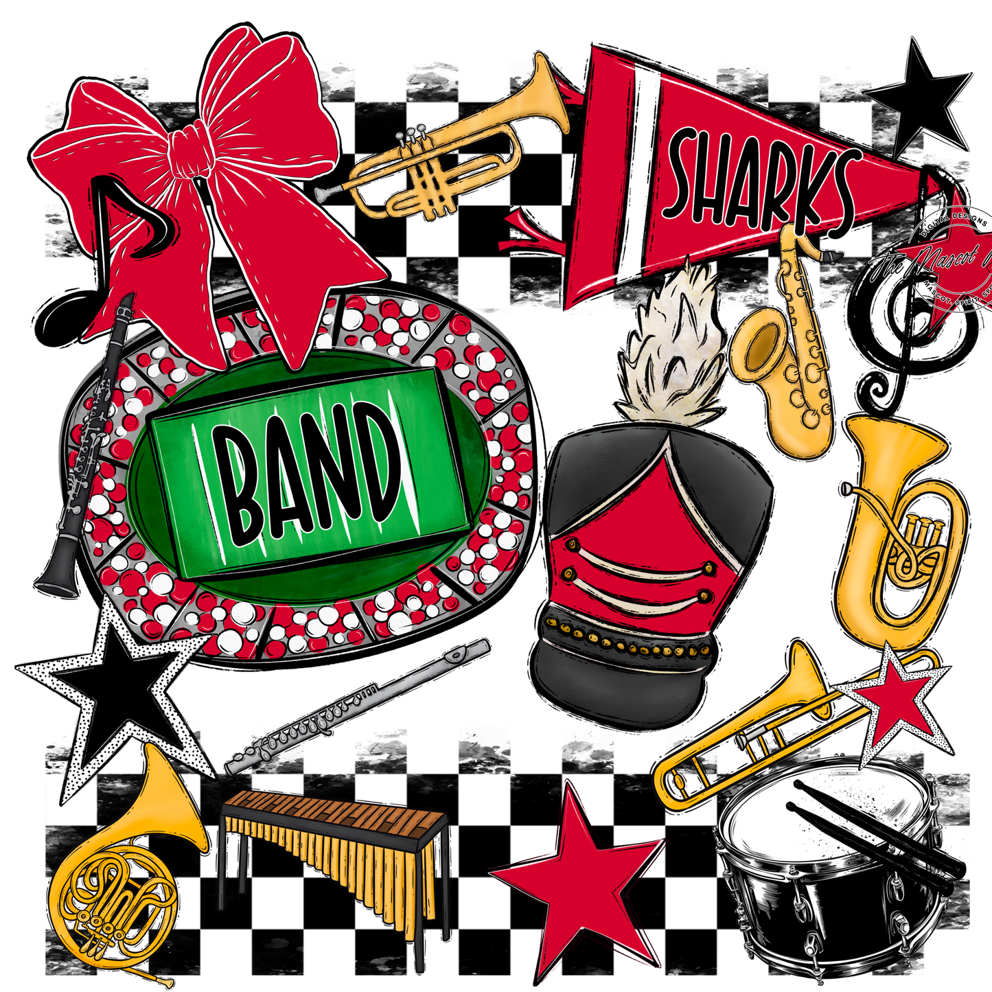 Sharks Checkers Band Spirit Design-Red