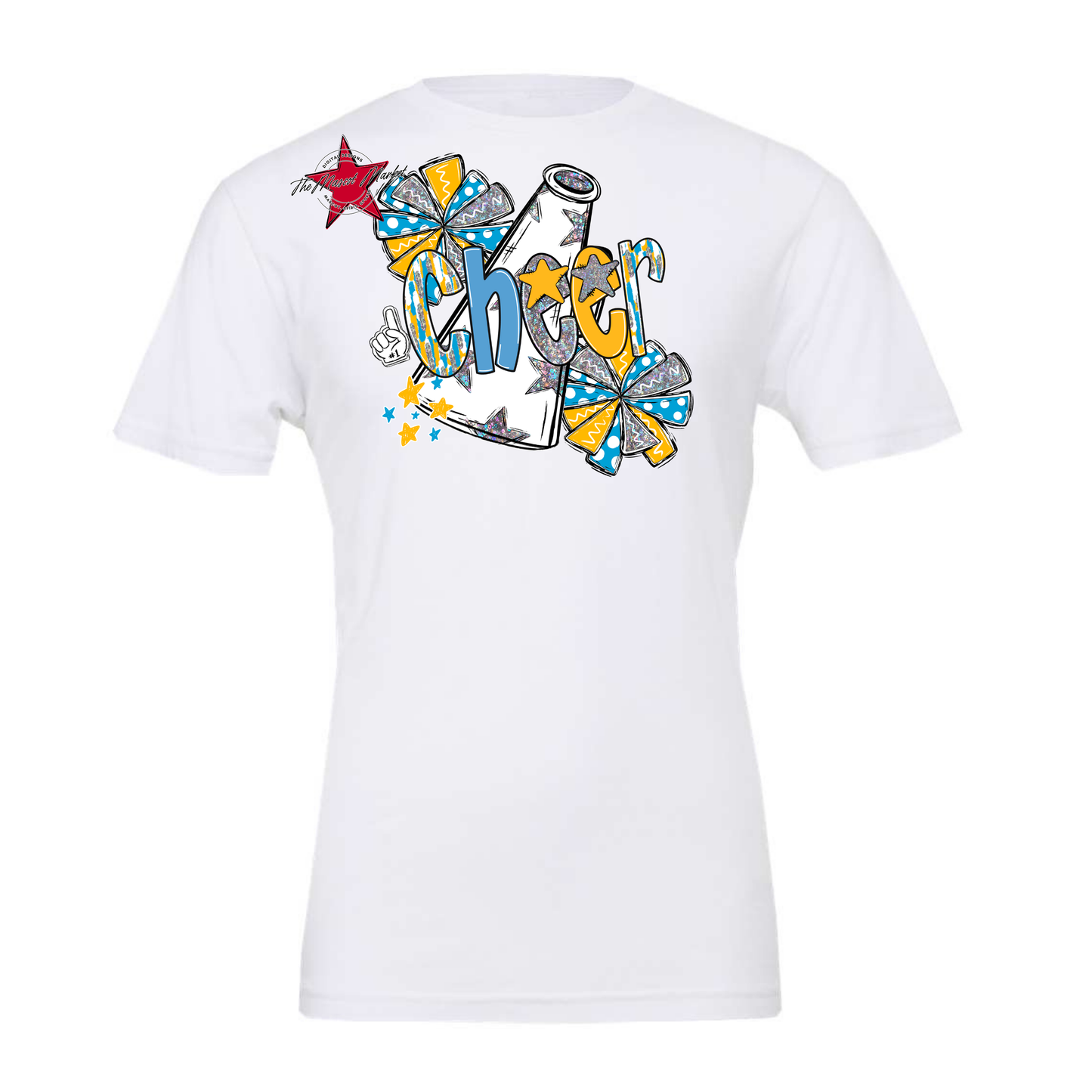 Cheer White Megaphone Scrape-Carolina Blue-Yellow