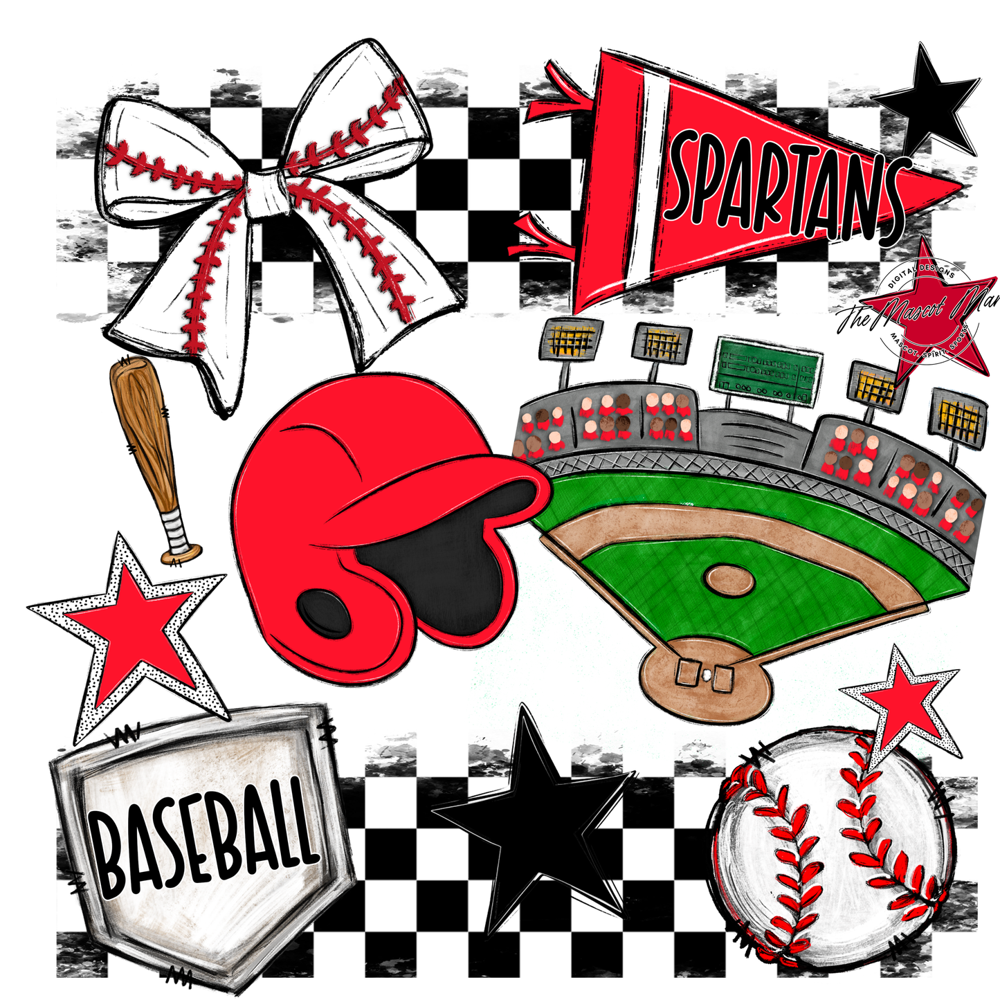 Spartans Checkers Baseball Spirit Design-Bright Red