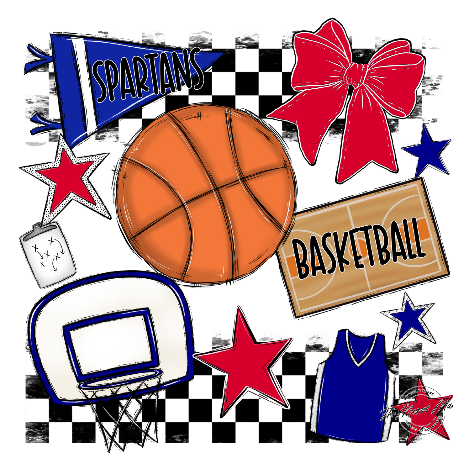 Spartans Checkers Basketball Spirit Design-Blue-Red